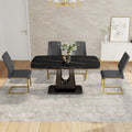 Table And Chair Set, Minimalist Dining Table, Imitation Marble Patterned Glass Tabletop, Mdf Legs With U Shaped Brackets. Paired With Comfortable Chairs, Suitable For Dining And Living Rooms. Black Gold Mdf Glass