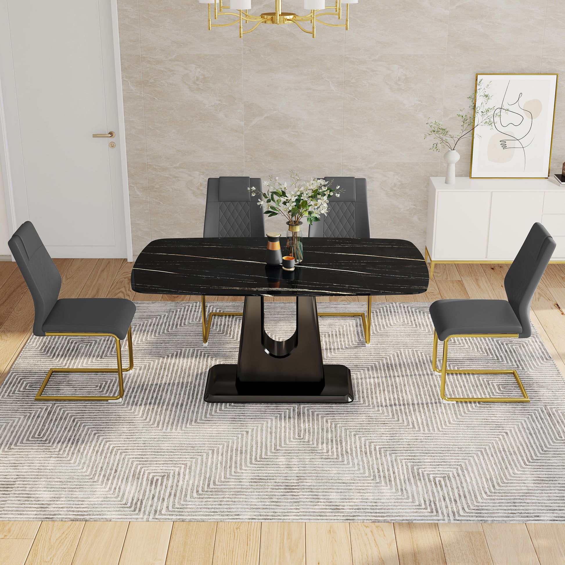 Table And Chair Set, Minimalist Dining Table, Imitation Marble Patterned Glass Tabletop, Mdf Legs With U Shaped Brackets. Paired With Comfortable Chairs, Suitable For Dining And Living Rooms. Black Gold Mdf Glass