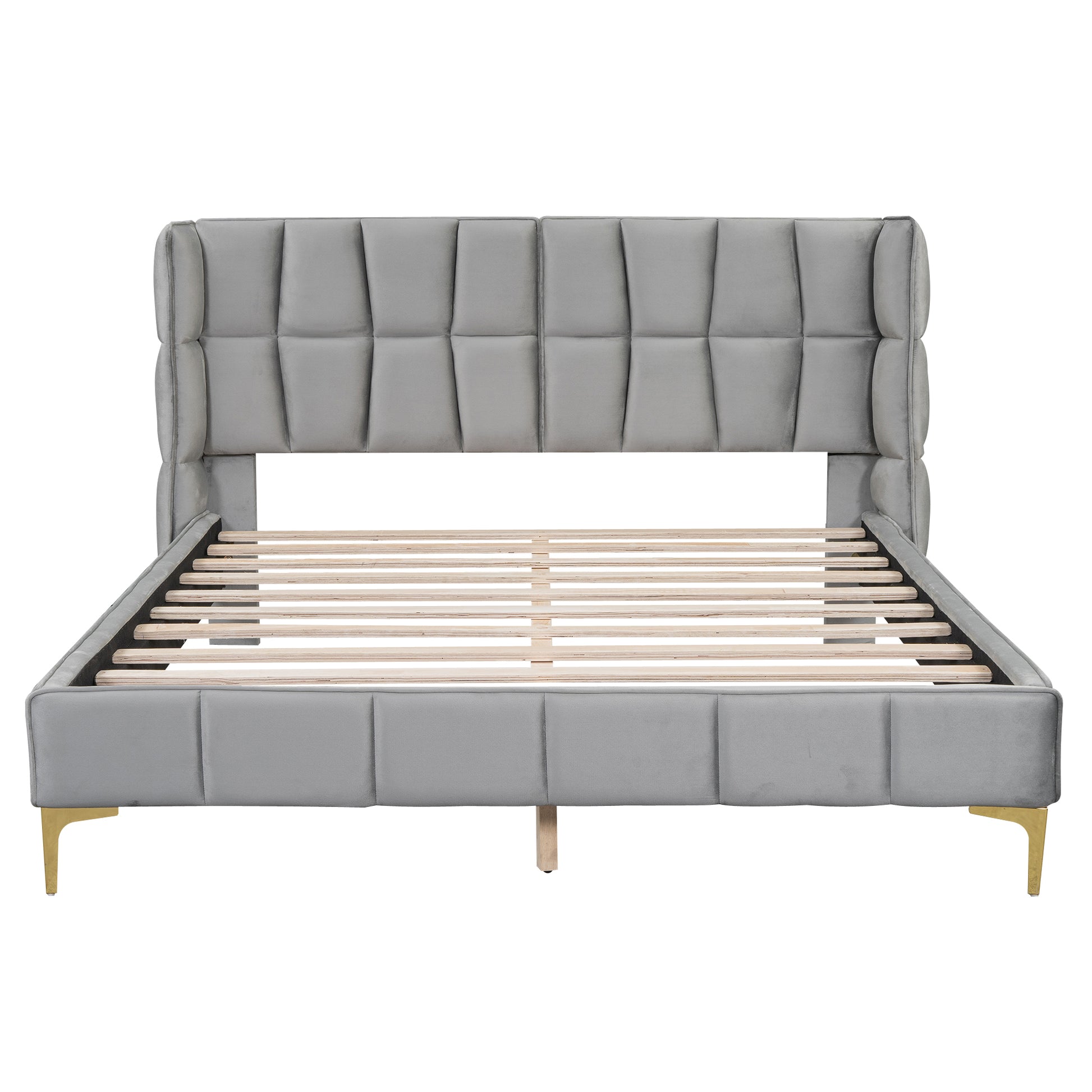 Queen Size Upholstered Velvet Platform Bed, Gray Box Spring Not Required Queen Gray Wood Bedroom Bed Frame Velvet Upholstered