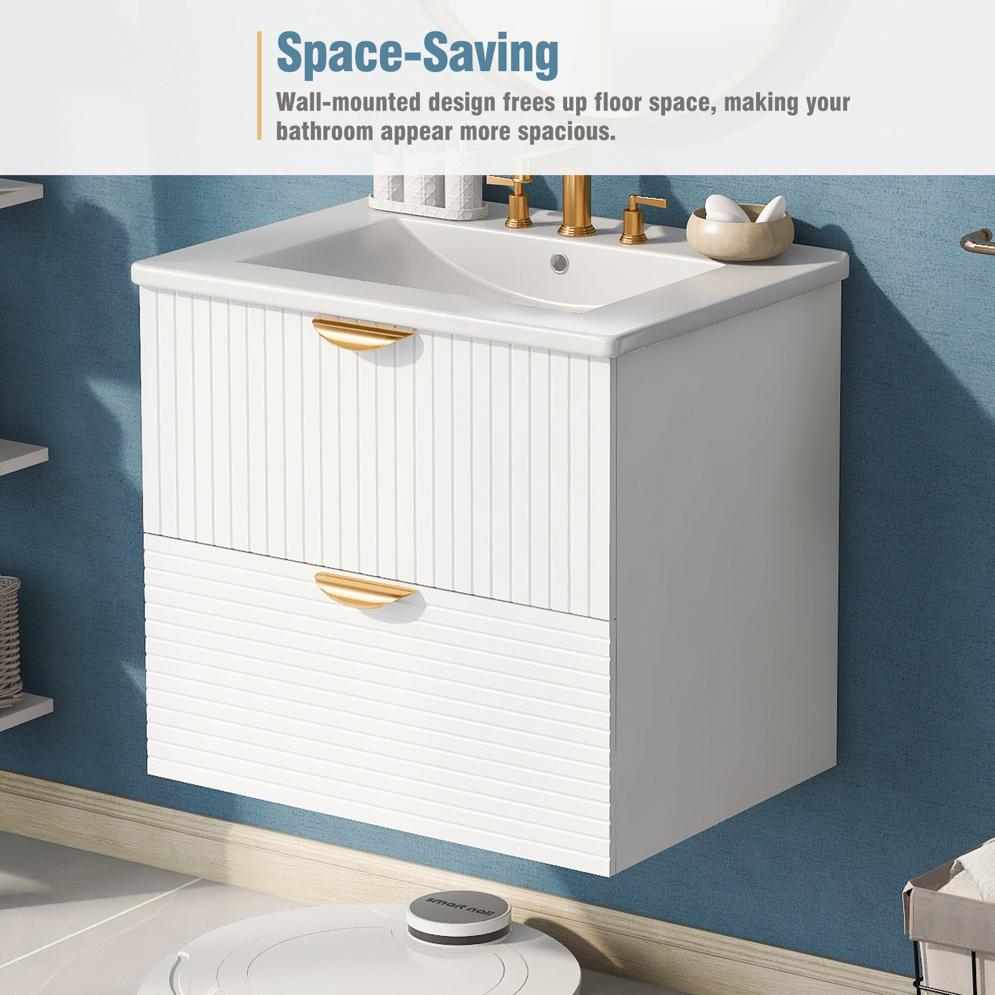 Modern 24 Inch Wall Mounted Bathroom Vanity With 2 Drawers, White Ideal For Small Bathrooms White Bathroom Mdf