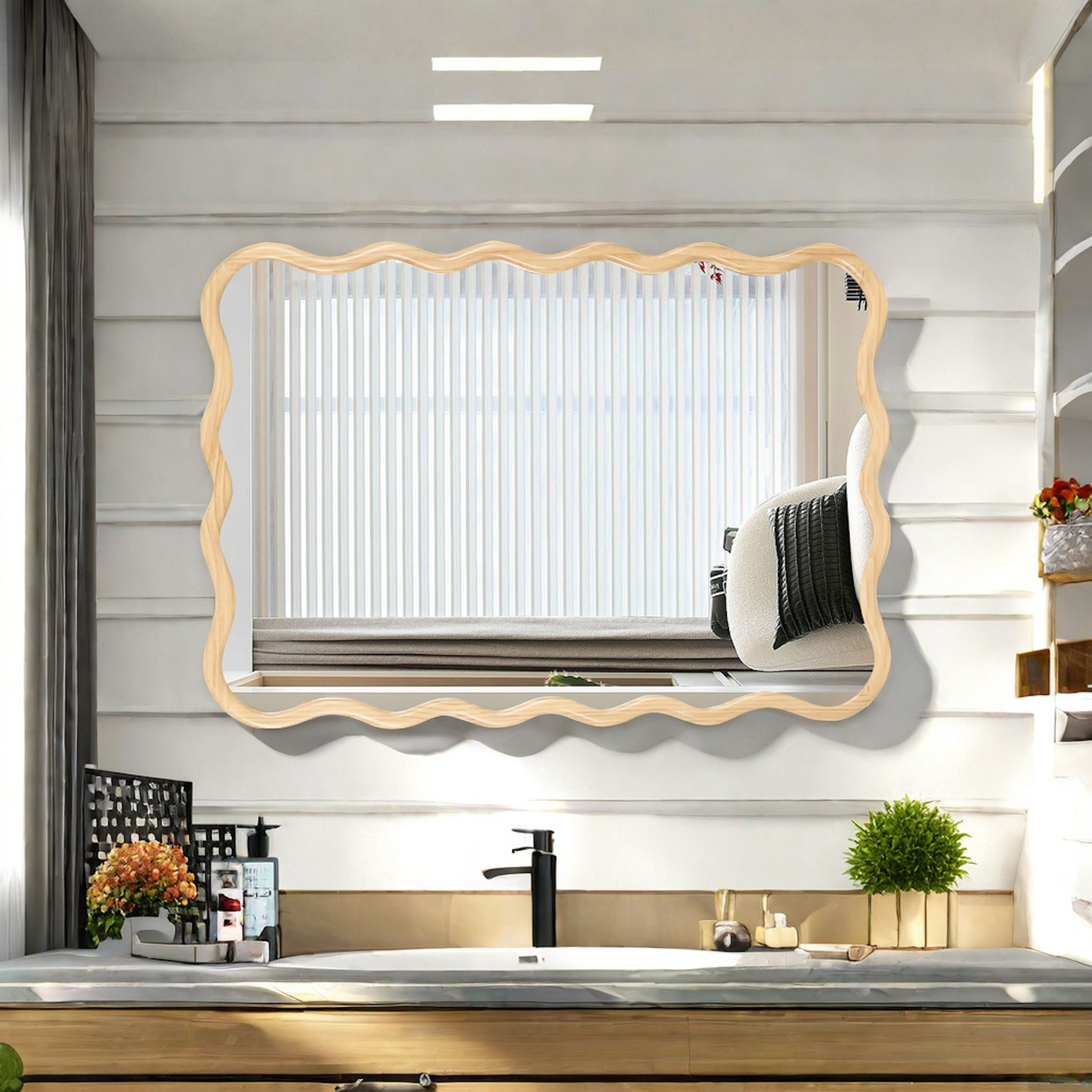 Solid Wood Wavy Rectangle Mirror Natural Wood40" X 28" Modern Mirror Wall Decor For Bathroom, Bedroom, Living Room, Dining Room, Cloakroom, Entryway Natural Wood Glass Solid Wood