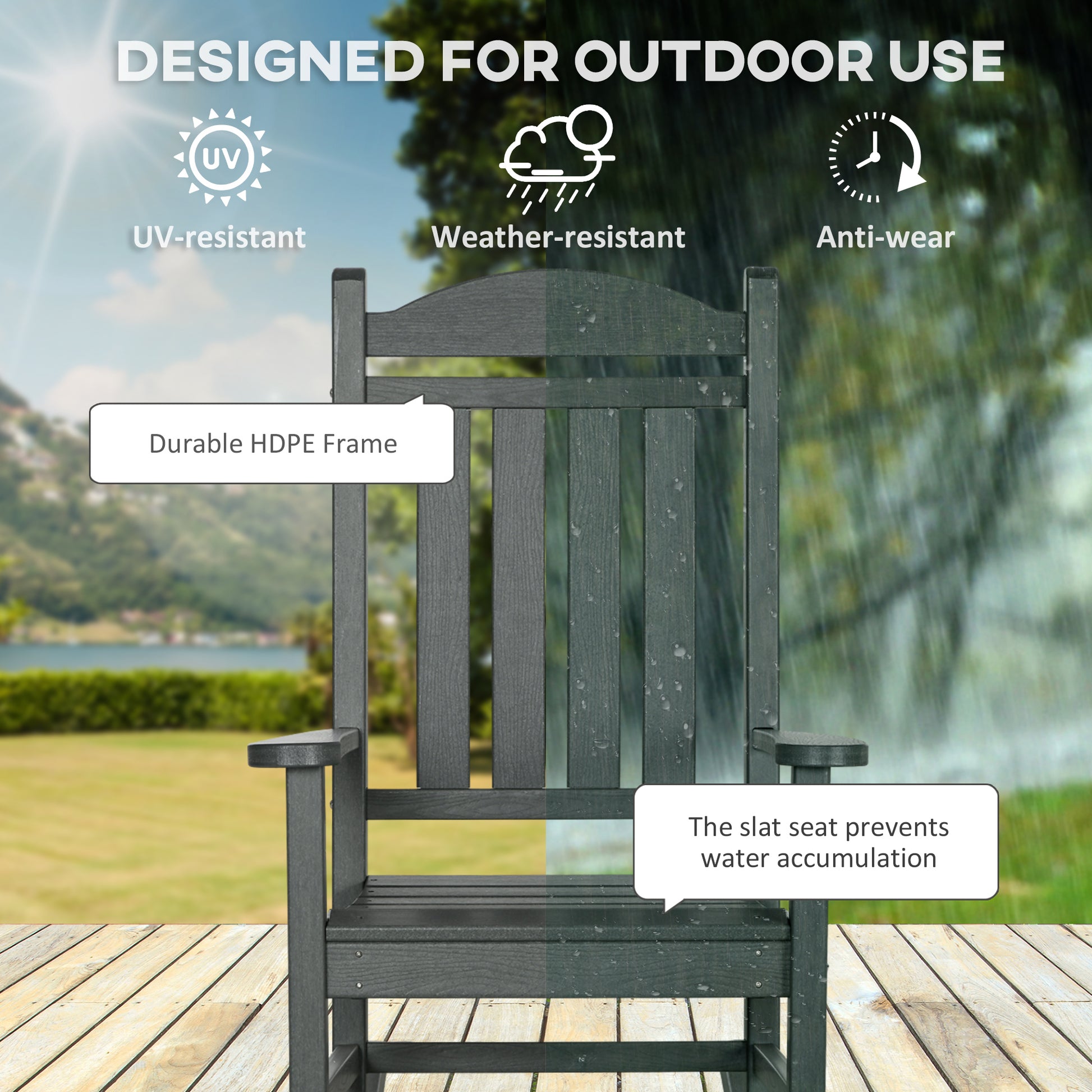 Outsunny 2 Pieces Outdoor Rocking Chair, All Weather Resistant Hdpe Rocking Patio Chairs With Rustic High Back, Armrests, Oversized Seat And Slatted Backrest, 350Lbs Weight Capacity, Dark Gray Dark Gray Plastic