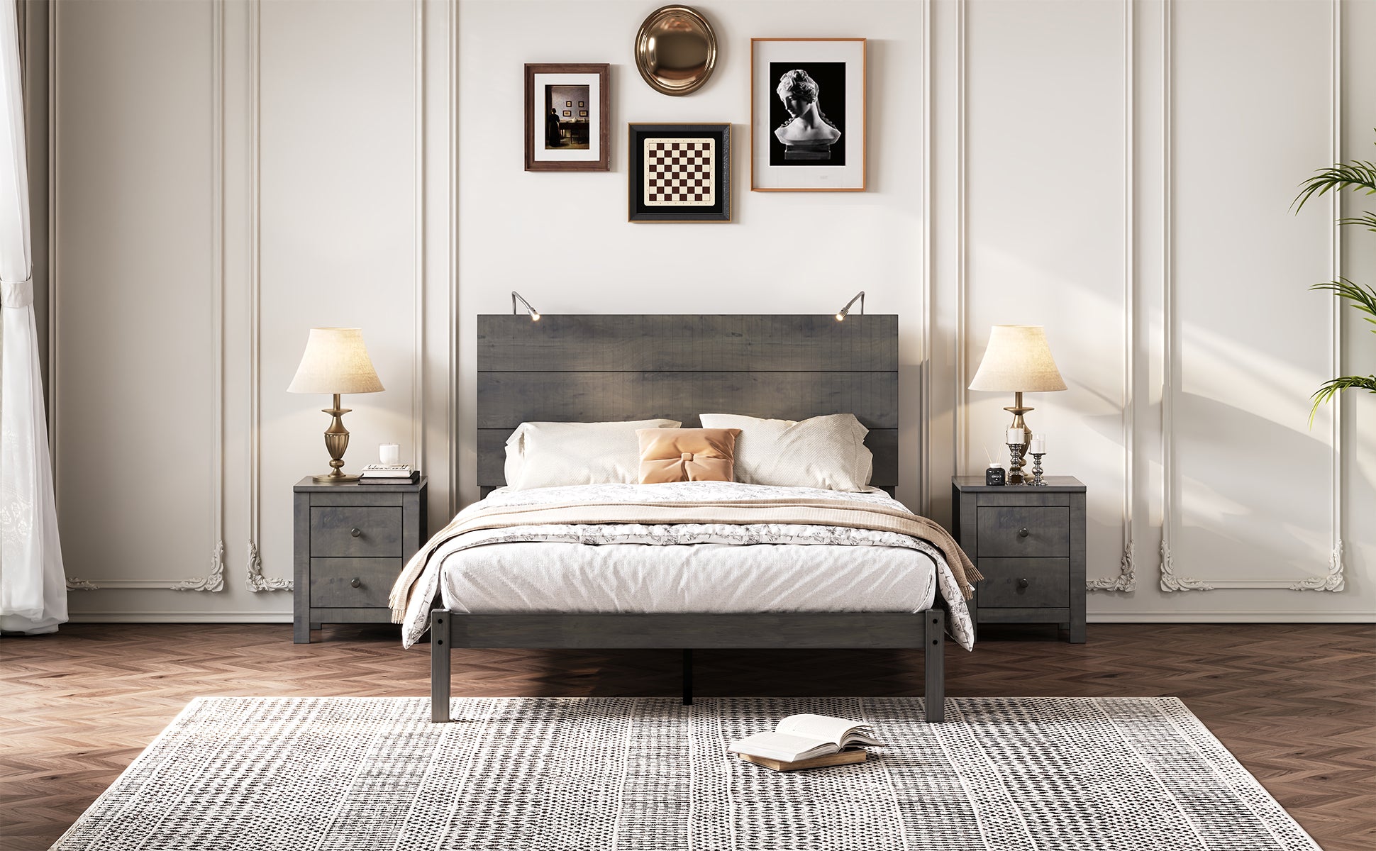 3 Pieces Bedroom Sets, Full Size Farmhouse Platform Bed With Two Bedside Lights, 2 Drawer Nightstand, Antique Gray Full Antique Gray 3 Piece Set Wood