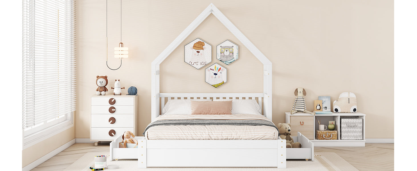 Wood Queen Size House Platform Bed With Guardrail And 2 Drawers, White Box Spring Not Required Queen White Wood Bedroom Bed Frame Solid Wood Mdf