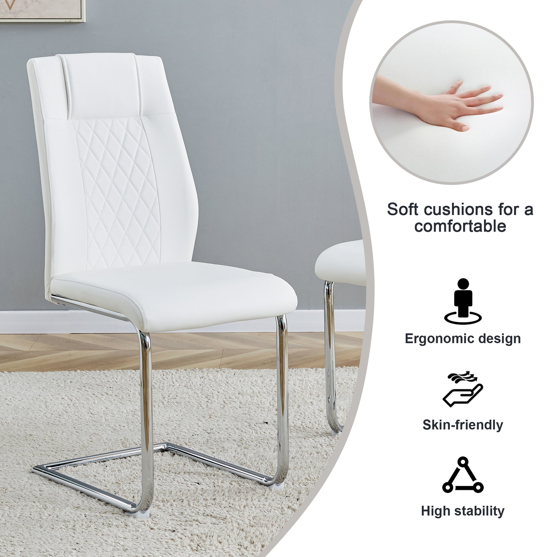 Table And Chair Set. Large Modern Rectangular Table With White Textured Top And Silver Metal Legs. Soft And Comfortable Pu Seats, Faux Leather Upholstered Seats And Sturdy Metal Legs. White Mdf Metal