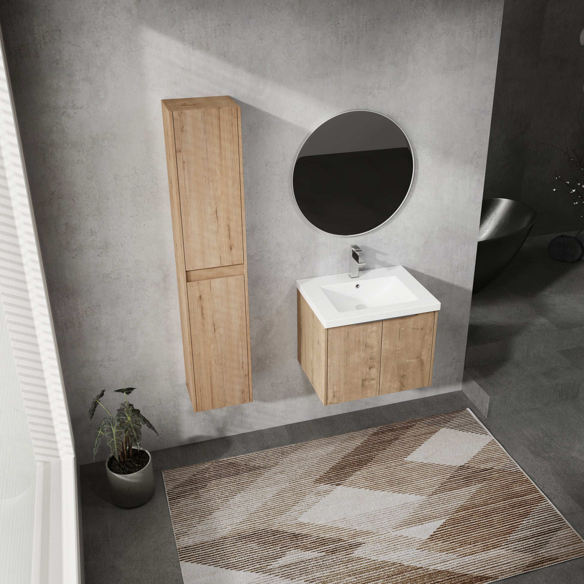 24" Wall Mounted Bathroom Vanity With Sink And Side Cabinet, Soft Close Doors,00112Imo X 2 00624Imo Combination Cabinet Kd Packing Imitative Oak Bathroom Modern Plywood Plywood