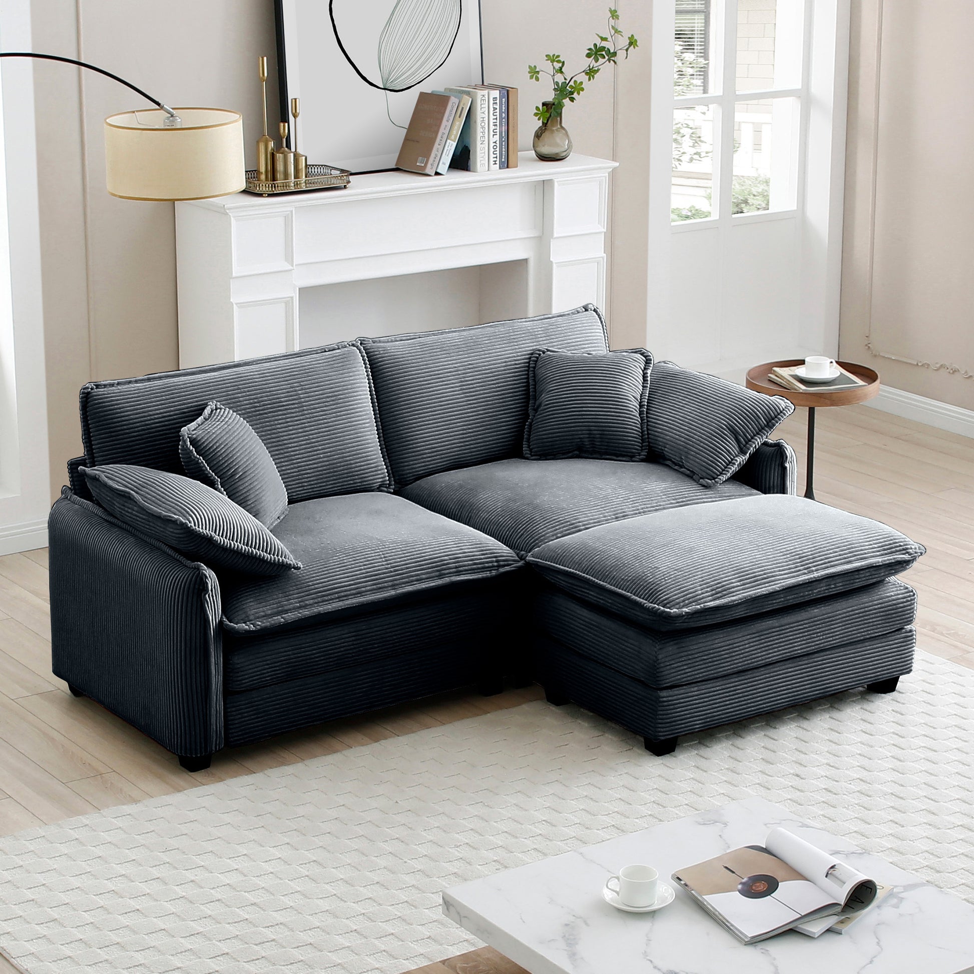 Two Seater Sofa With One Footrest, L Shaped 2 Seater Sofa With Ottoman For Small Living Spaces,Grey Corduroy Grey Corduroy 2 Seat