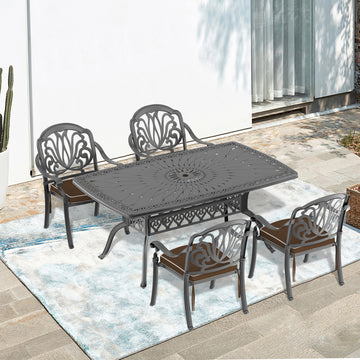 Cushions In Random Colors 5 Piece Set Of Cast Aluminum Patio Furniture With Cushions Yes Dining Set Black Seats 4 Rust Resistant Frame Water Resistant Cushion Garden & Outdoor Complete Patio Sets