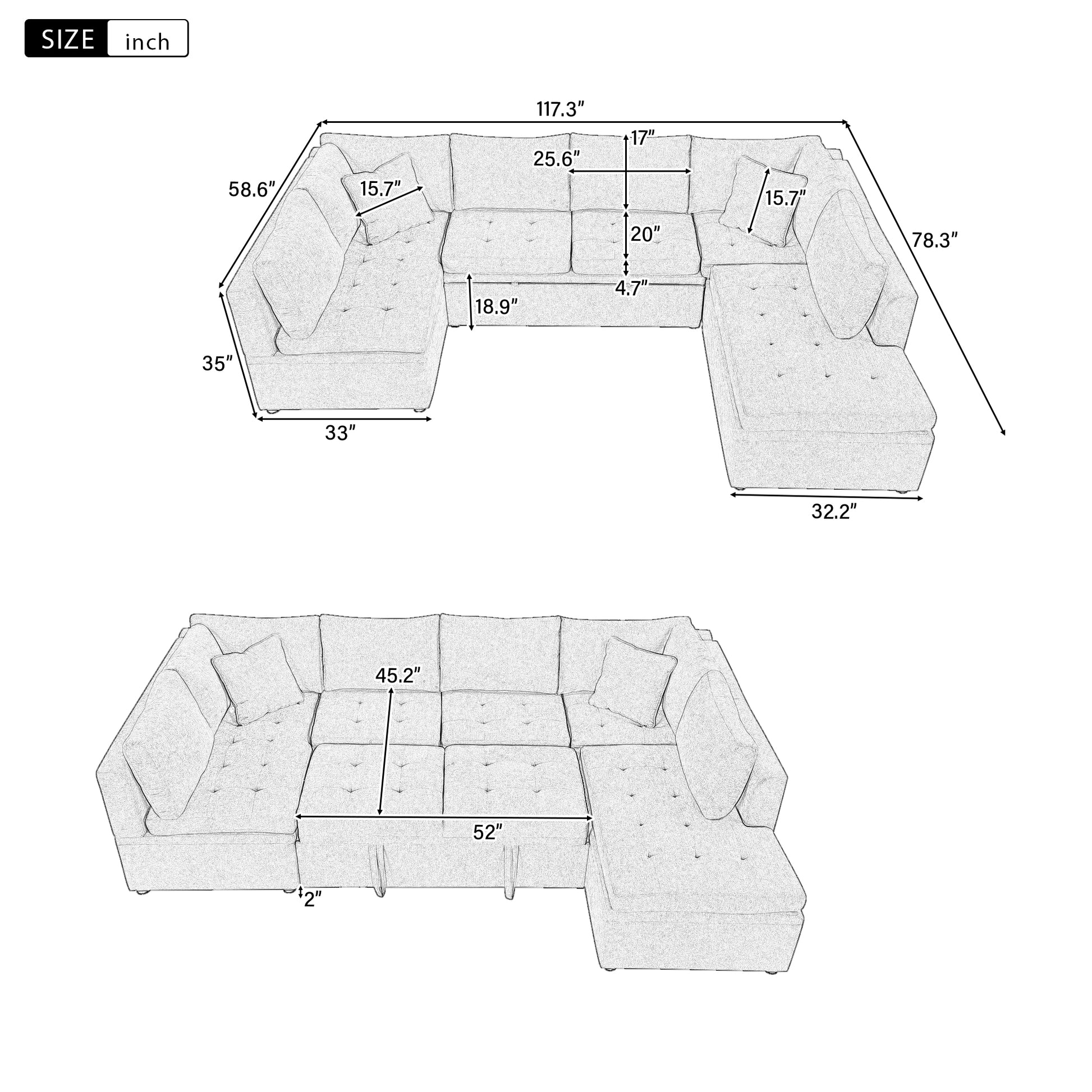 117.3" Oversized Sectional Sofa U Shaped Sofa Couch Pull Out Sofa Bed With Two Throw Pillows For Living Room, Beige Beige Foam Chenille 4 Seat