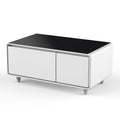 Modern Smart Coffee Table With Built In Fridge, Bluetooth Speaker, Wireless Charging, Touch Control Panel, Usb Ports, Outlet Protection, Atmosphere Light, White White Built In Outlets Or Usb Primary Living Space Freestanding Rectangular Drawers Coffee &