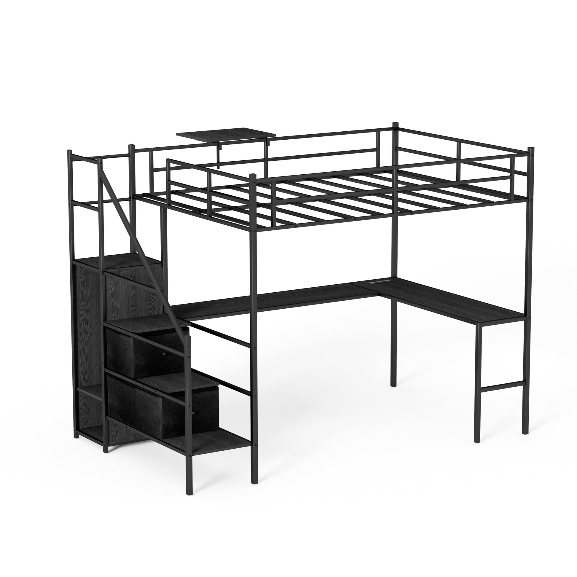 Full Size Metal Loft Bed With L Shaped Desk, Led Lights, Charging Cradle, Led Loft Bed Frame, Full Size Bed With One Cabinet Wardrobe And 2 Fabric Drawers, Safety Rails And Ladder, Black Black