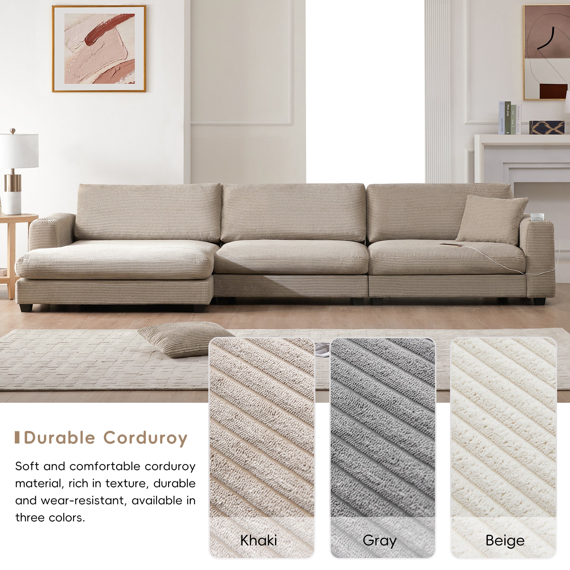 134*54"Oversized Corduroy Sectional Sofa,L Shaped Cloud Couch With Usb Charging Port,Cup Holder,Deep Seat Sofa Bed With 50" Chaise,Comfy Indoor Furniture For Living Room,3 Colors Khaki Corduroy 4 Seat