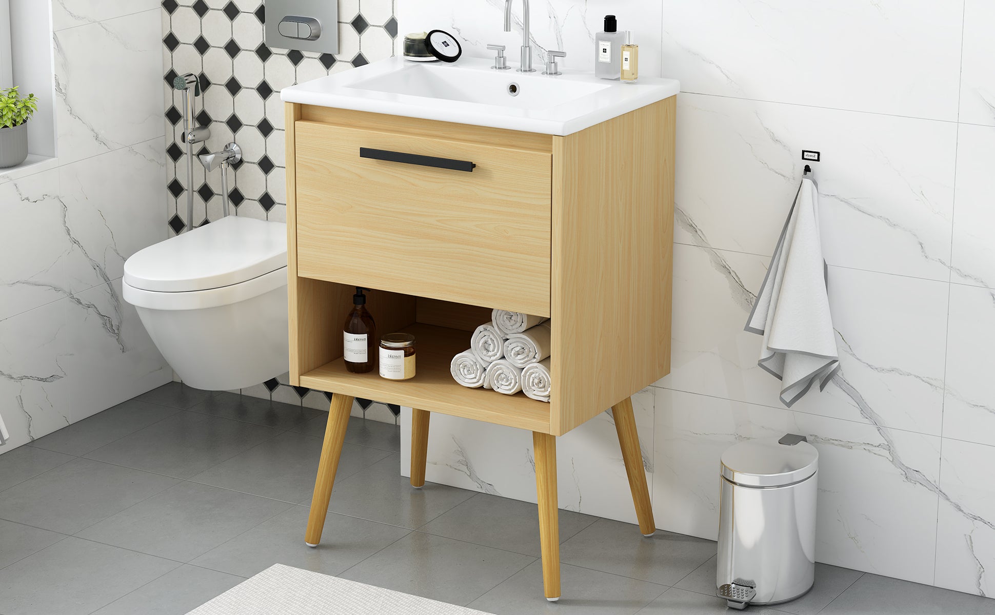 24" Bathroom Vanity With Sink Combo, Multi Functional Bathroom Cabinet With Drawer, Mdf Board, Natural Natural Solid Wood Mdf
