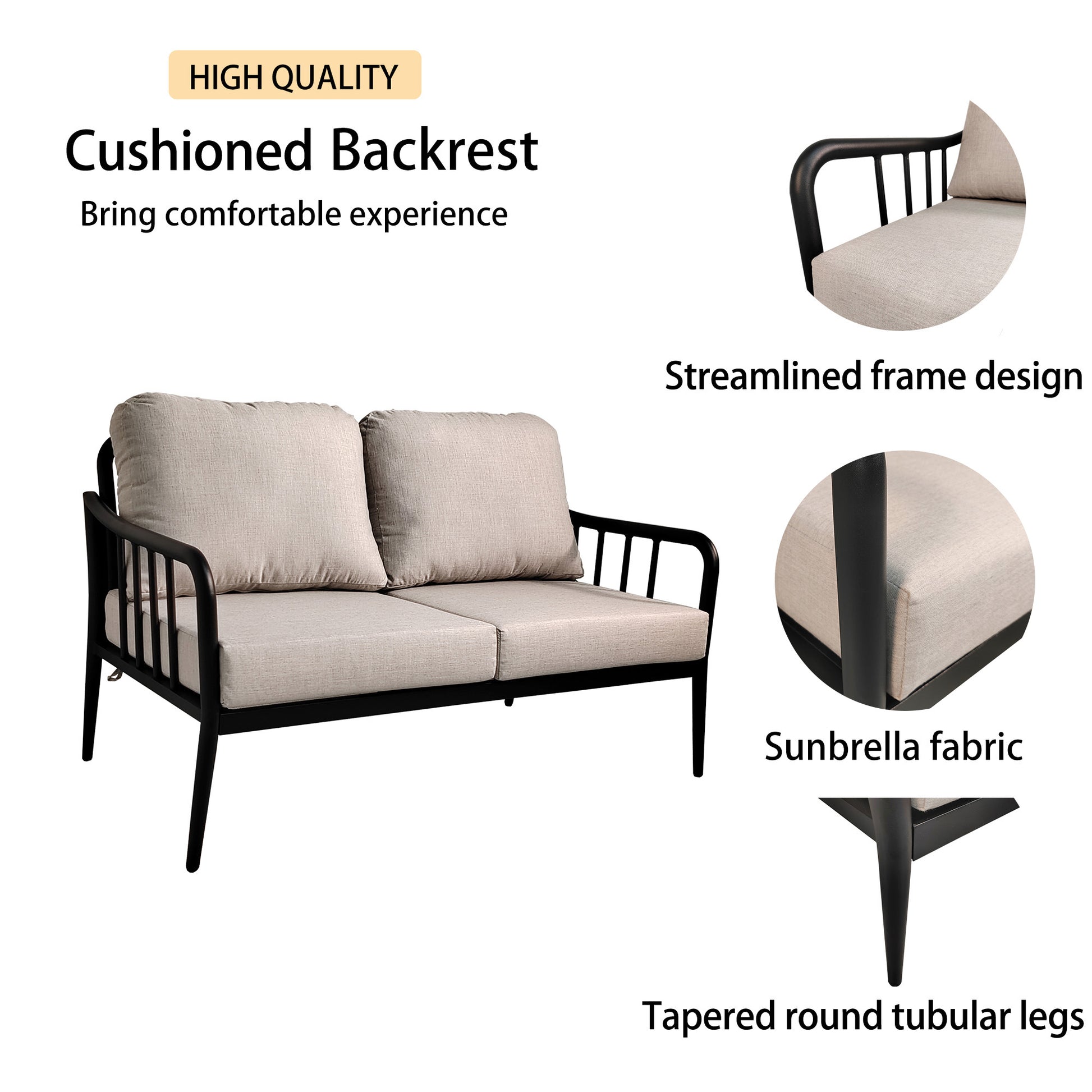 5Pc Outdoor Aluminum Patio Furniture,Modern Chat Sofa Conversation Set,Removable Sunbrella Cast Silver Fabric Cushions And Table With White Carrara Marble Look Sintered Stone Top,Ember Black Yes Deep Seating Ember Black Rust Resistant Frame Fade