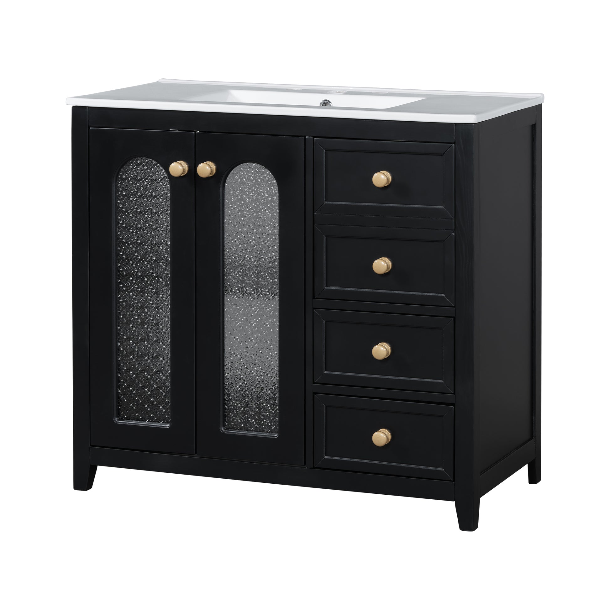 36 Inch Bathroom Vanity With Two Soft Close Doors, Adjustable Shelves And Three Soft Close Drawers Black Bathroom Solid Wood Mdf