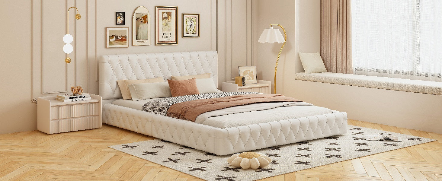 Queen Size Upholstered Bed With Tufted Headboard, Modern Velvet Platform Bedno Box Spring Required, White Queen White Solid Wood Mdf