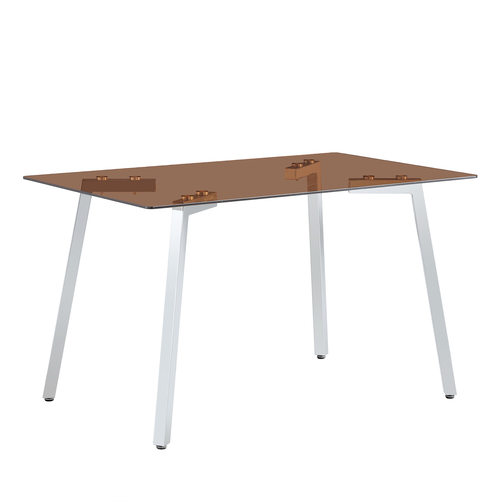 1 Table And 4 Chairs, Brown Tempered Glass Tabletop And Silver Metal Legs, Modern Minimalist Style Rectangular Glass Dining Table, Paired With 4 Modern Silver Metal Leg Chairs. 1123C 1162 Brown Seats 4 Glass