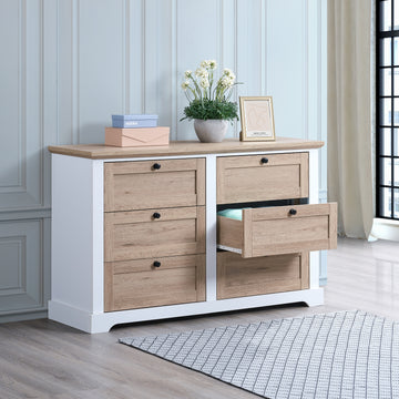 Autumn Modern 6 Drawer Master Dresser With Interlock Drawer Feature Drawer Slide And Interlock Pre Assembly, Wide Dressers For Bedroom 6 Deep Drawers For Closet Organizer Easy Assembly, White Oak Oak Natural Wood Off White White Bedroom American