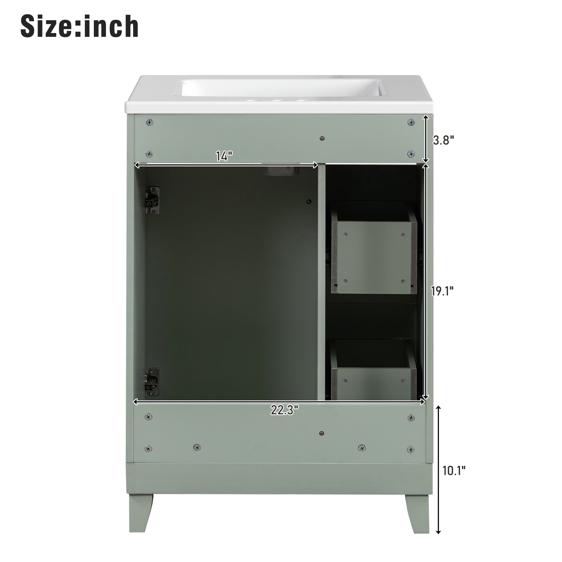 24 Inch Bathroom Vanity Cabinet With Ceramic Sink, 2 Drawers, 1 Door Green Bathroom Solid Wood Mdf