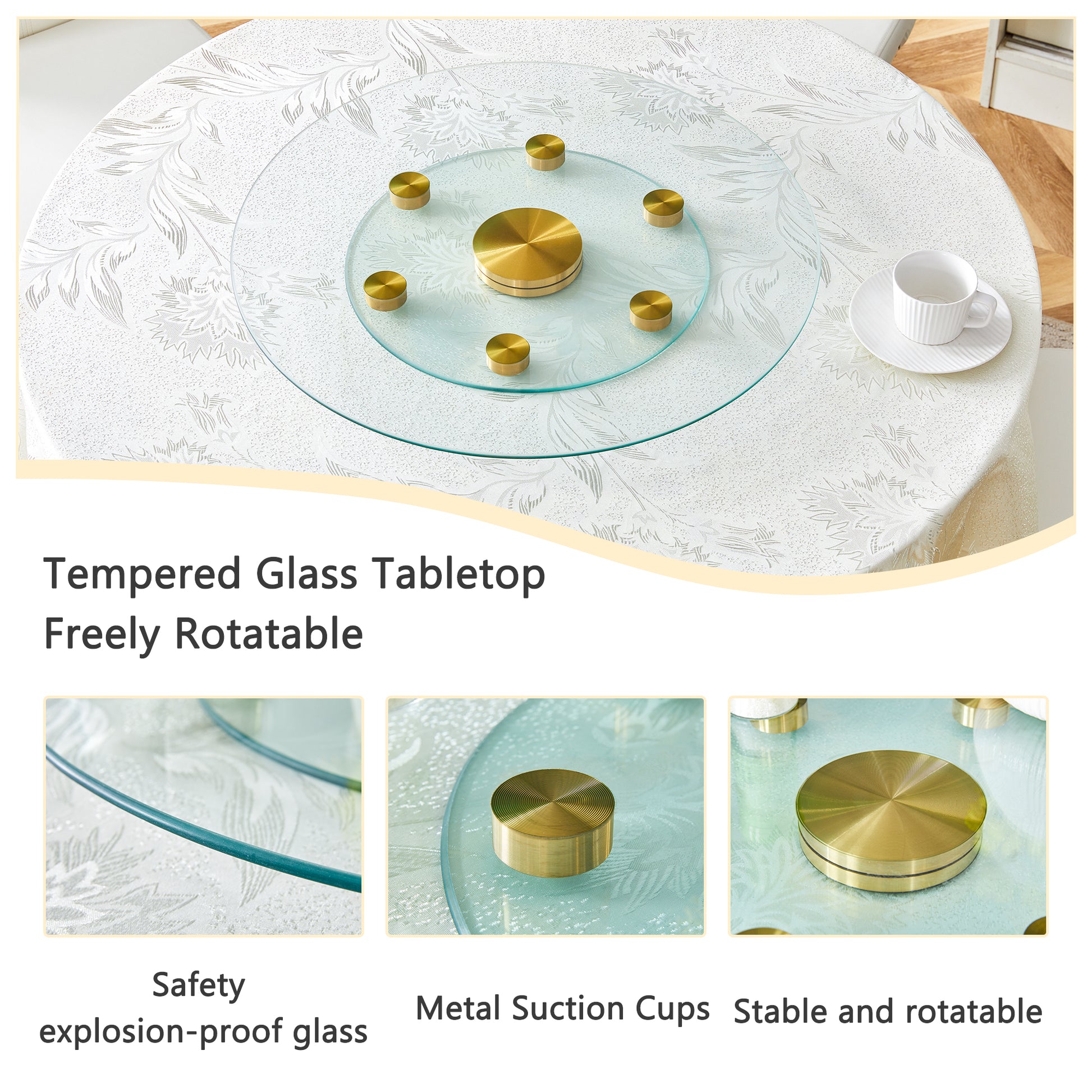 Double Layer Rotatable Round Glass.Golden Aluminum Plate,The Rotatable Design Makes It Convenient To Retrieve And Place Items.The Upper Glass Has A Diameter Of 24 Inches, The Lower Glass15 Inches.