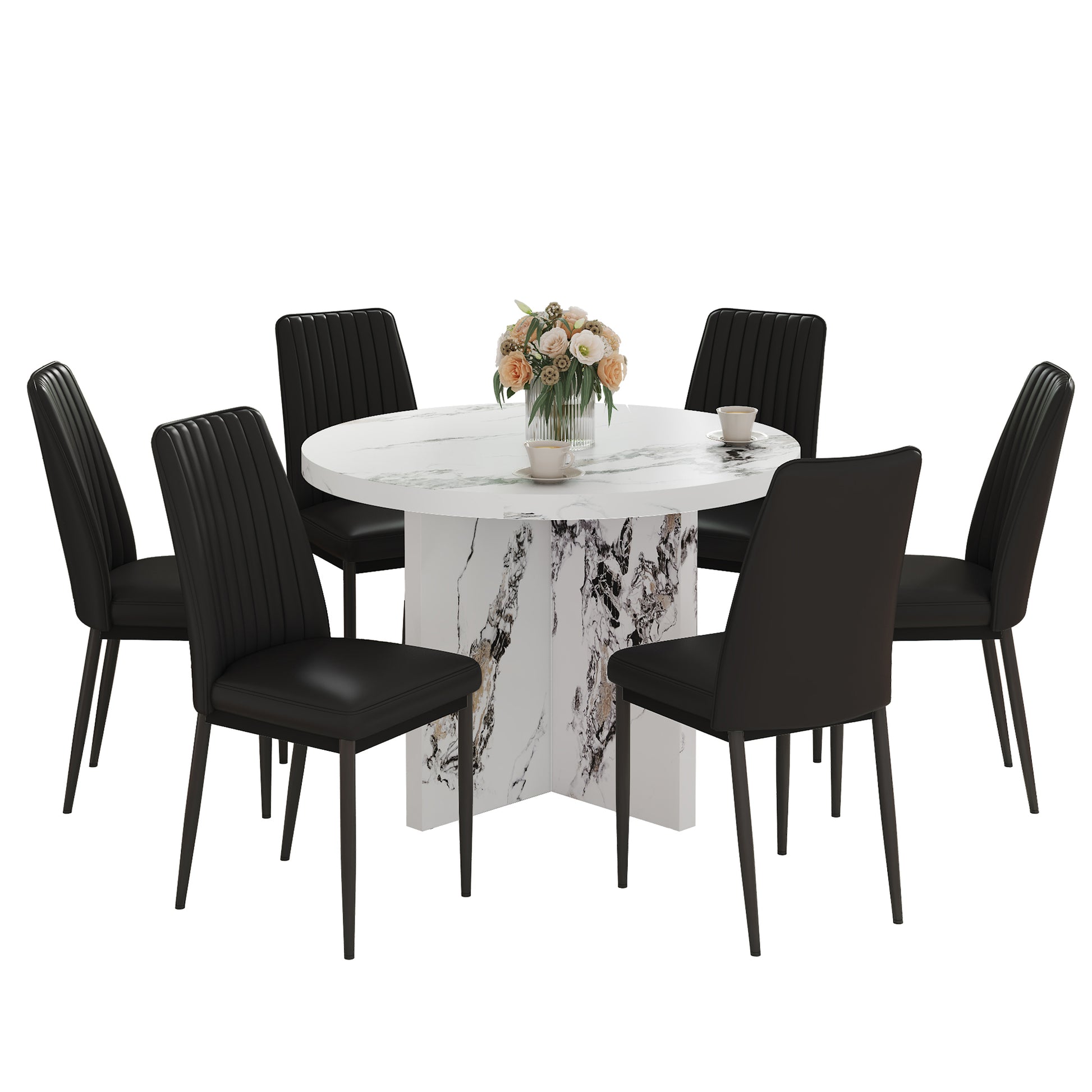 7 Piece Round Dining Table Set, 42 Inch Modern Round Table And 6 Upholstered Chairs For Dining Room, Kitchen Room, Living Room, Easy Assembly Metal White Black 42 Inches Modern Pedestal Round Mdf