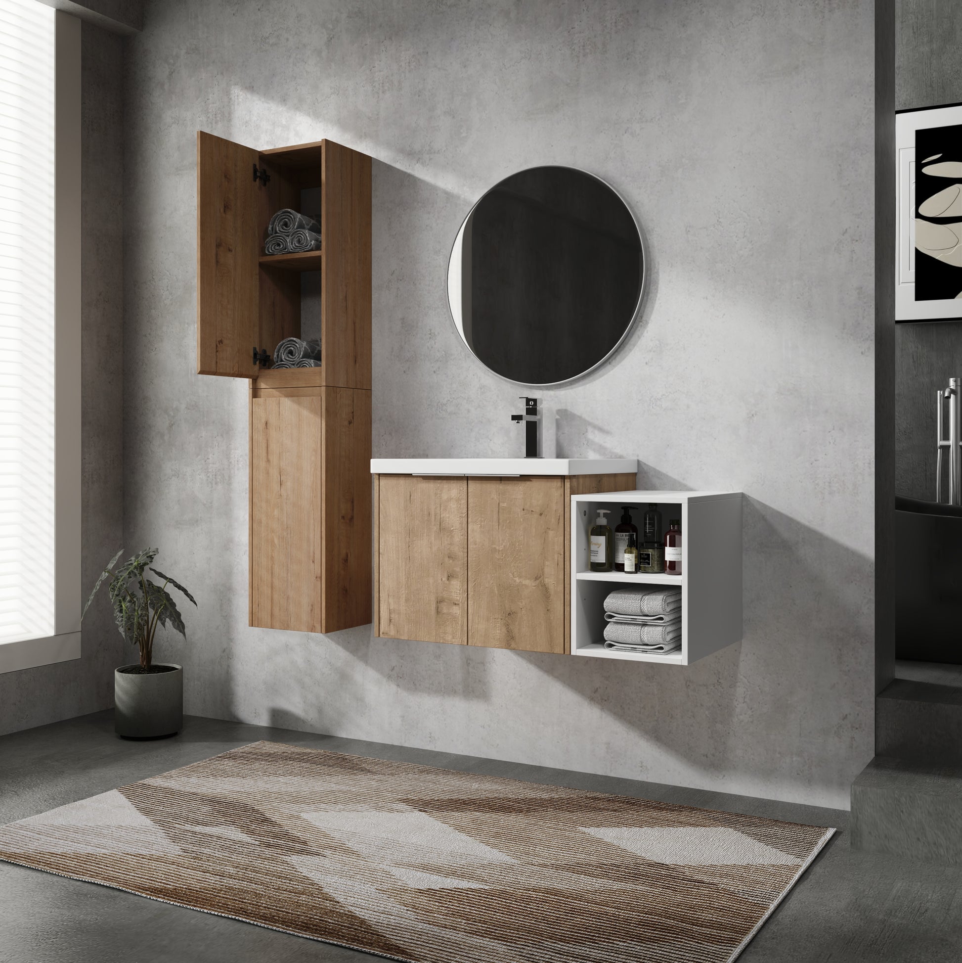 36" Wall Mounted Bathroom Vanity With Sink And Side Cabinet, Soft Close Doors,00112Imox2 0624Imo 0612Gwh Combination Cabinet Kd Packing Imitative Oak Bathroom Modern Plywood Plywood