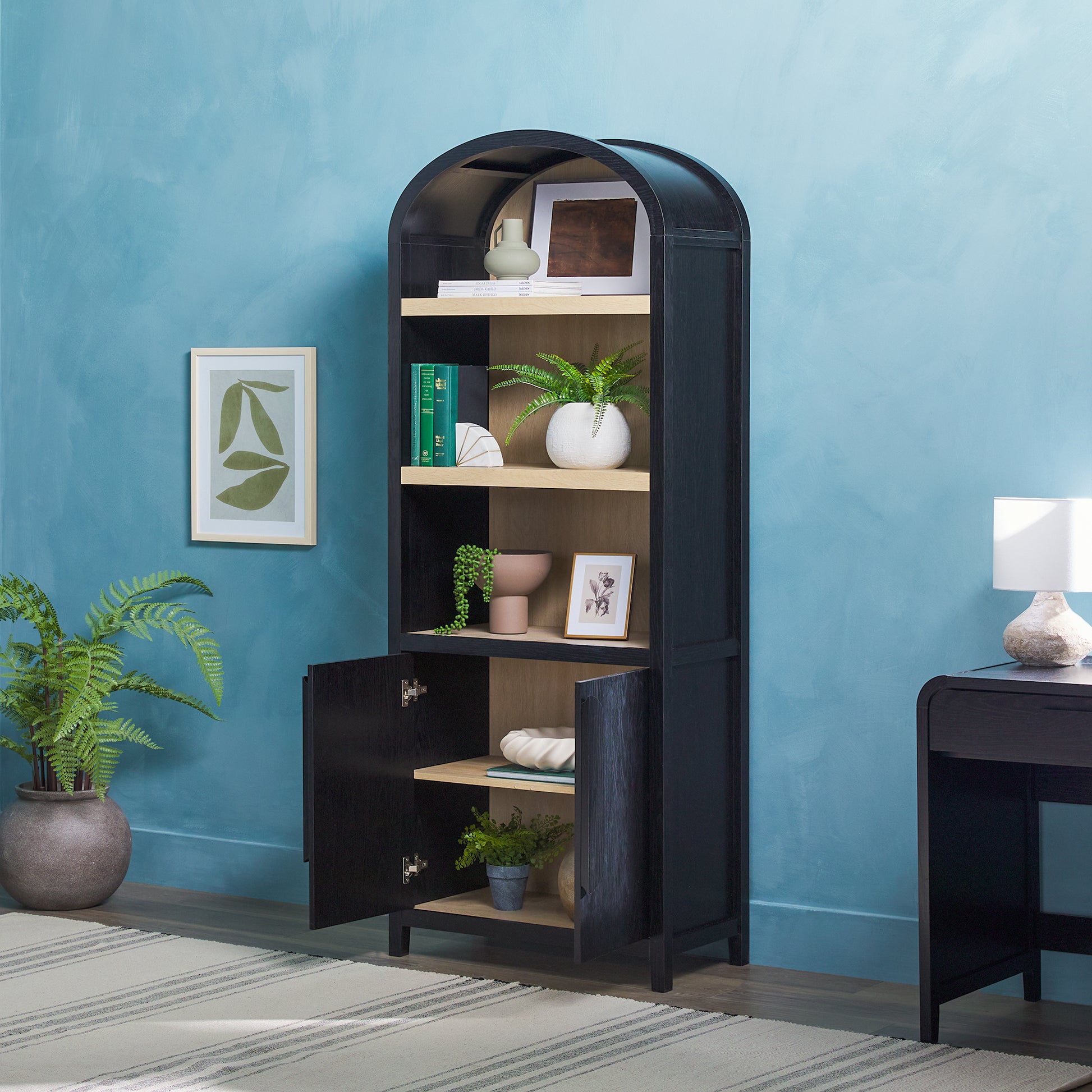 Modern 3 Shelf Open Arched Bookcase Cabinet Black Black Mdf Mdf