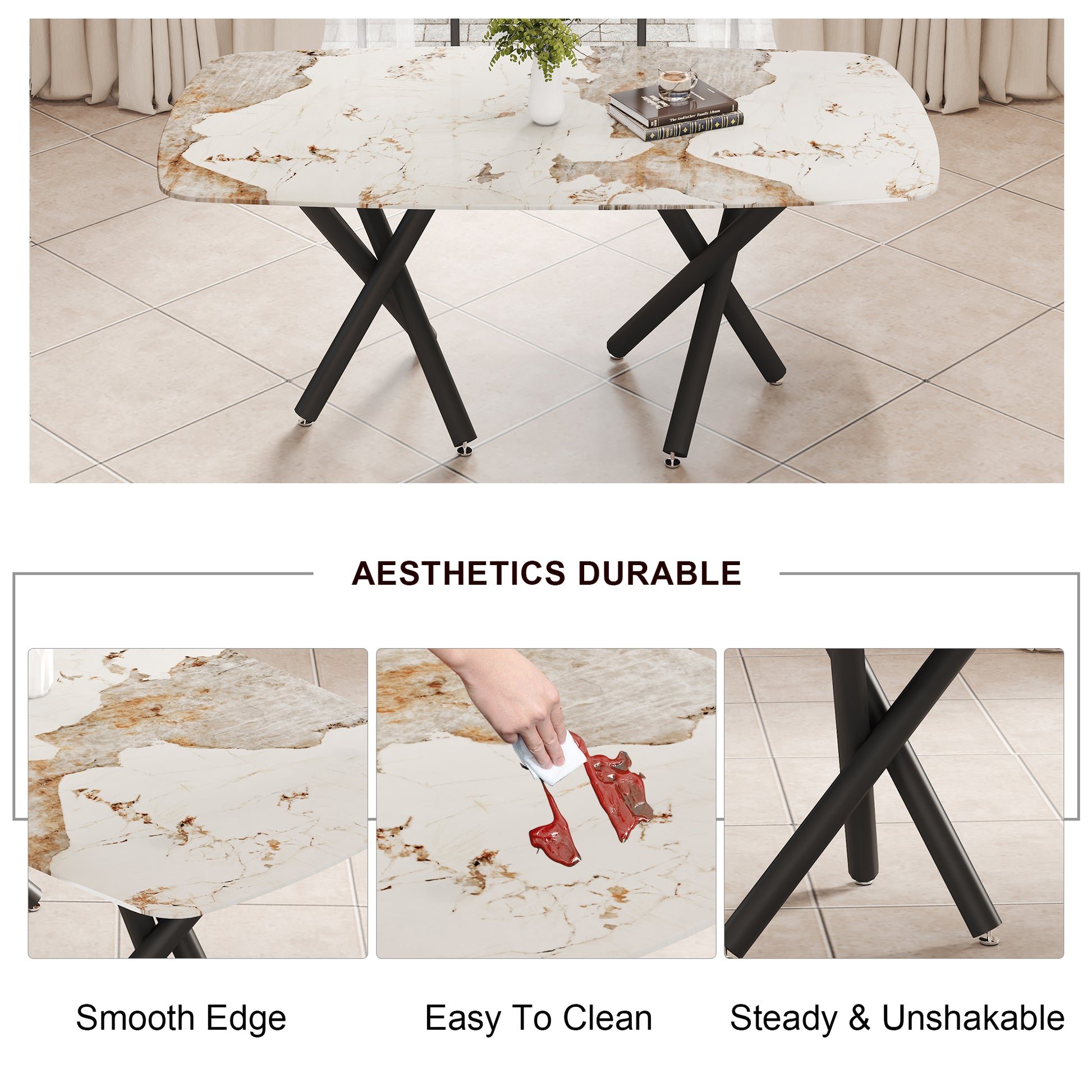 1 Table And 8 Chairs Set.A Rectangular Dining Table With A 0.39 Inch Imitation Marble Tabletop And Black Metal Legs.Paired With 8 Chairs With Pu Leather Seat Cushion And Black Metal Legs.F 1538,C