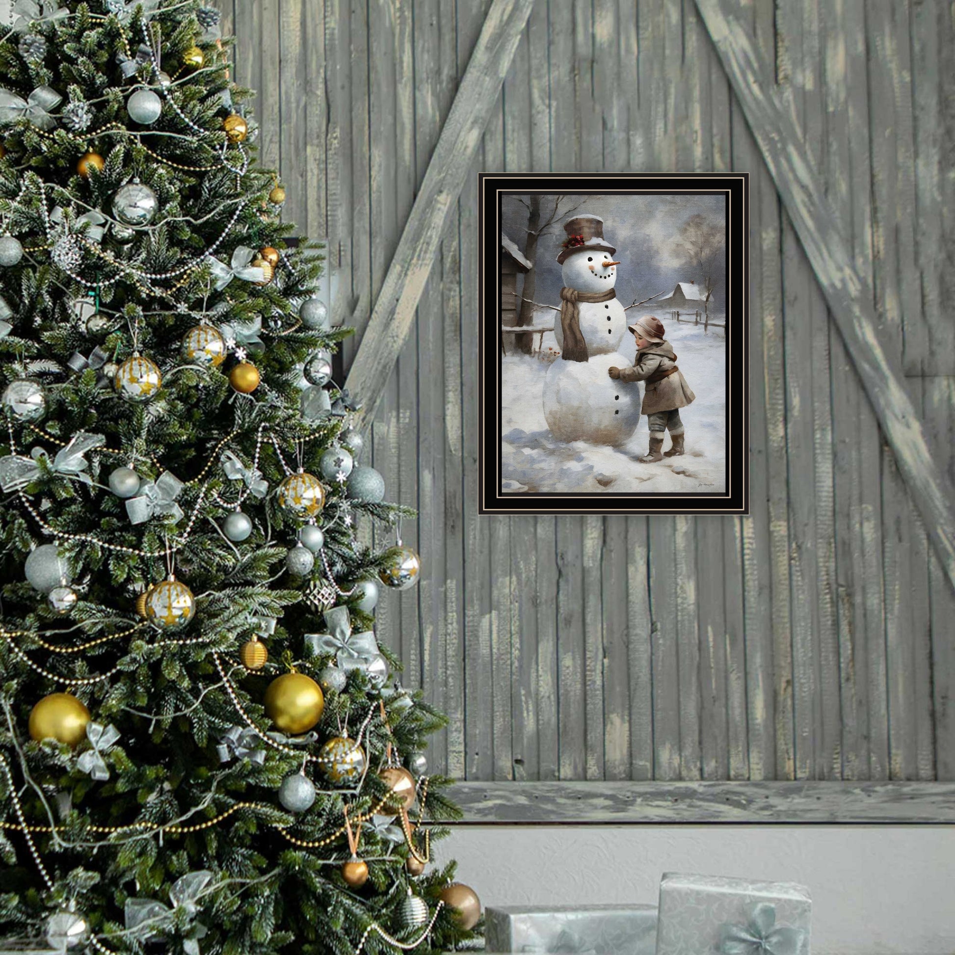 Finishing Touch On The Snowman Black Framed Wall Art For Living Room, Holiday Wall Art Print For Home Decor, Bedroom Wall Art By Jo Moulton Multicolor Wood Paper