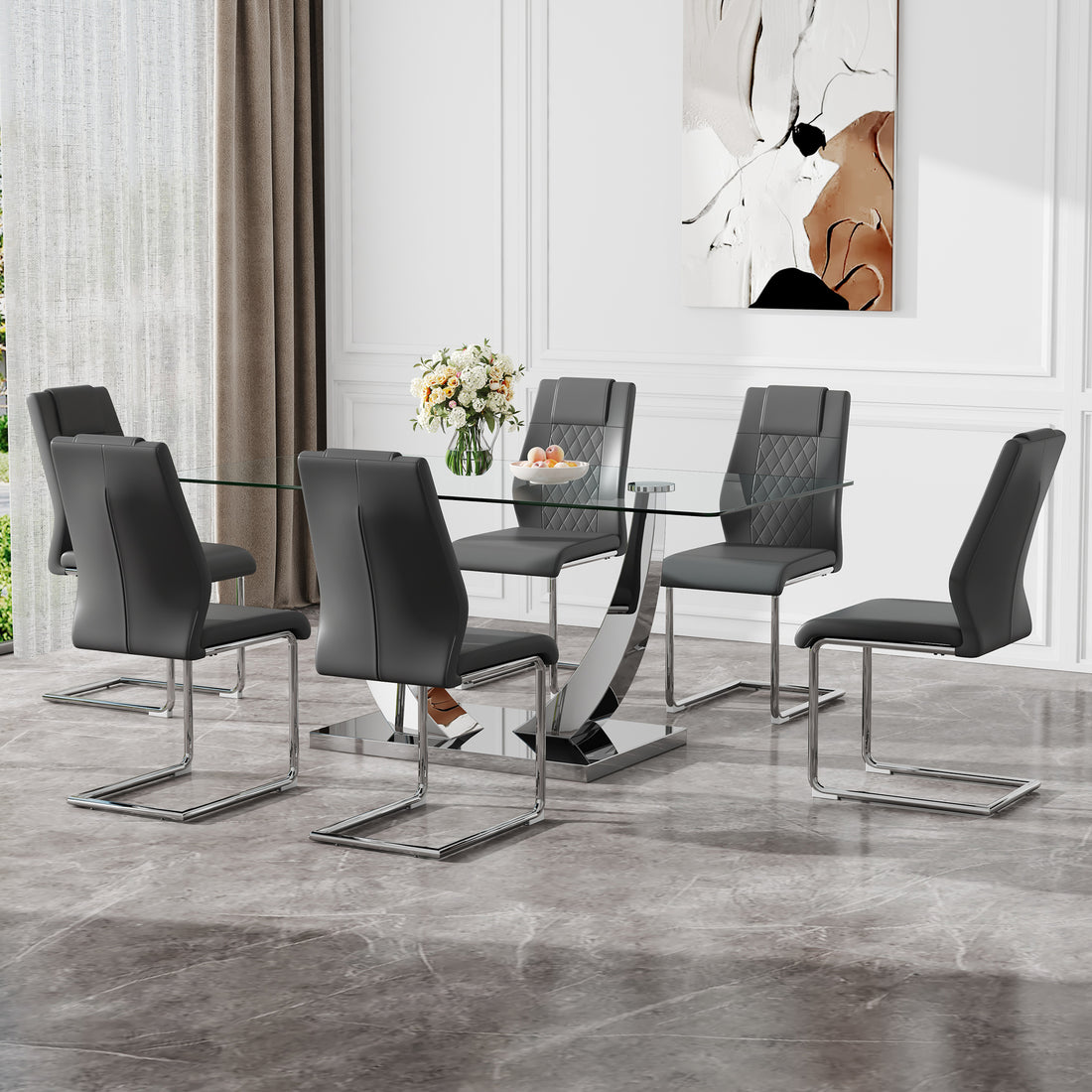 Table And Chair Set.Contemporary, Minimalist Rectangular Dining Table Featuring A Clear Tempered Glass Top And Sleek Silver Legs. Paried With Chairs Made Of Pu Material Cushion And Silver Metal Legs. Gray Seats 6 Glass Metal