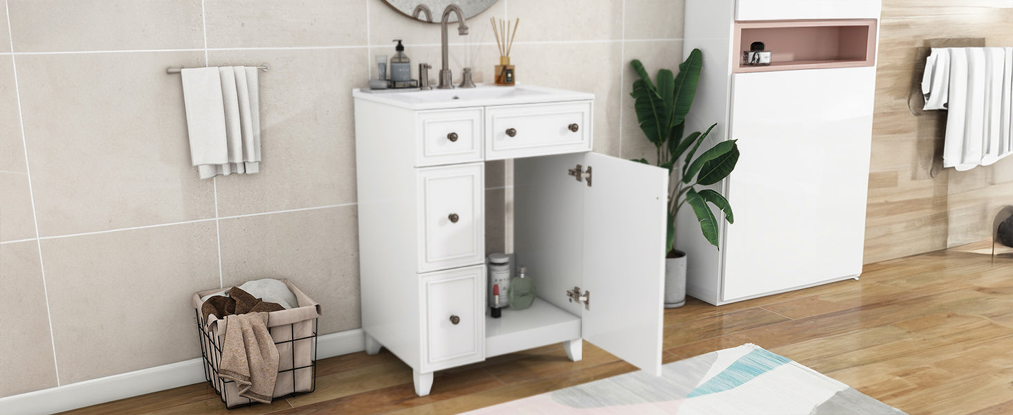 24 Inch Bathroom Vanity Cabinet With Ceramic Sink, 2 Drawers, 1 Door White Bathroom Solid Wood Mdf