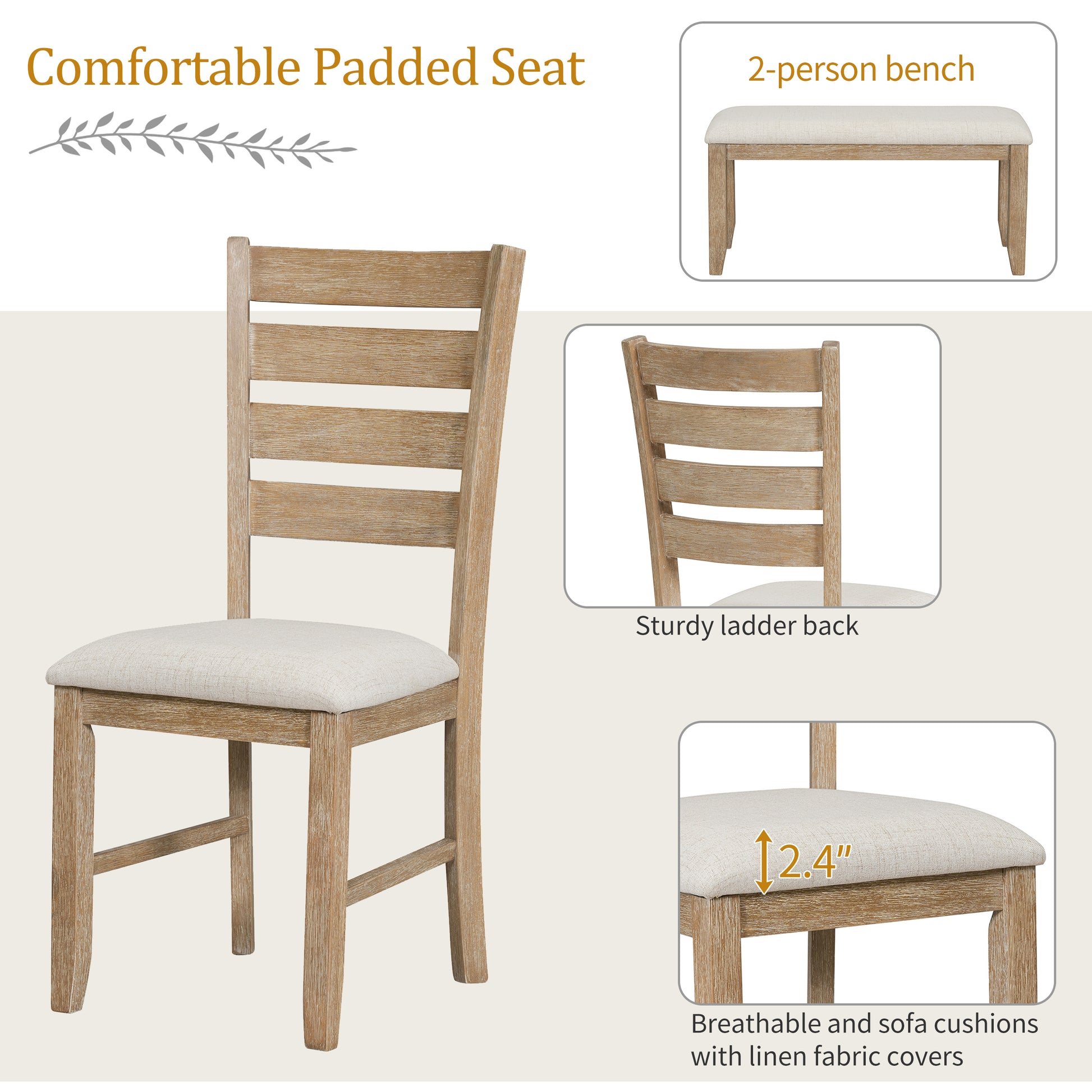 Dining Room Table And Chairs With Bench, Rustic Wood Dining Set, Set Of 6 Natural Wood Wash Natural Wood Wash Solid Wood