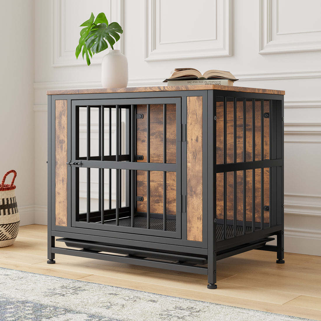 Dog Crate Furniture, Wooden Dog Crate Table, 27.48" Dog Kennel With 2 Sliding Doors And Thick Iron Door Frame, Decorative Pet Crate House For Small Dog Indoor Use Rustic Brown Black Brown Small 11 25 Lbs Mdf Metal