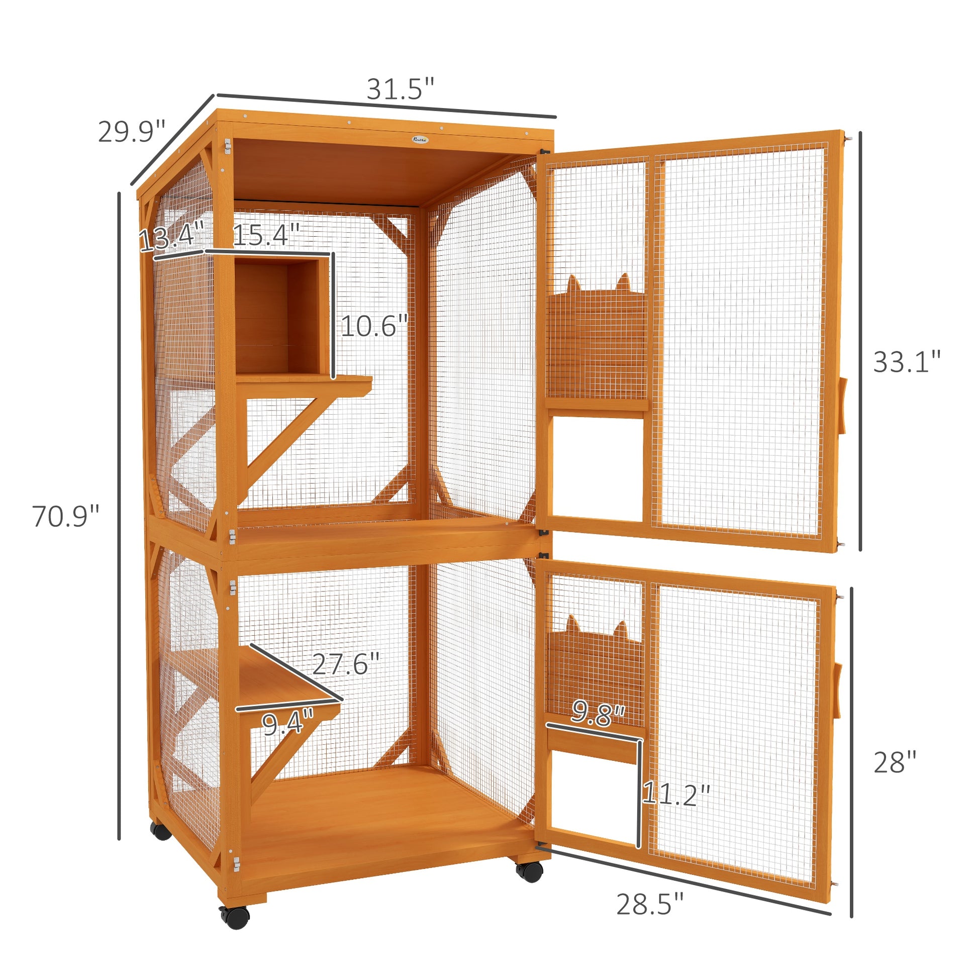 Pawhut Large Cat House With High Up Resting Box, 71" Wooden Catio With Asphalt Roof, Indoor & Outdoor Cat Enclosure On Wheels, For 1 3 Cats, Orange Orange Wood