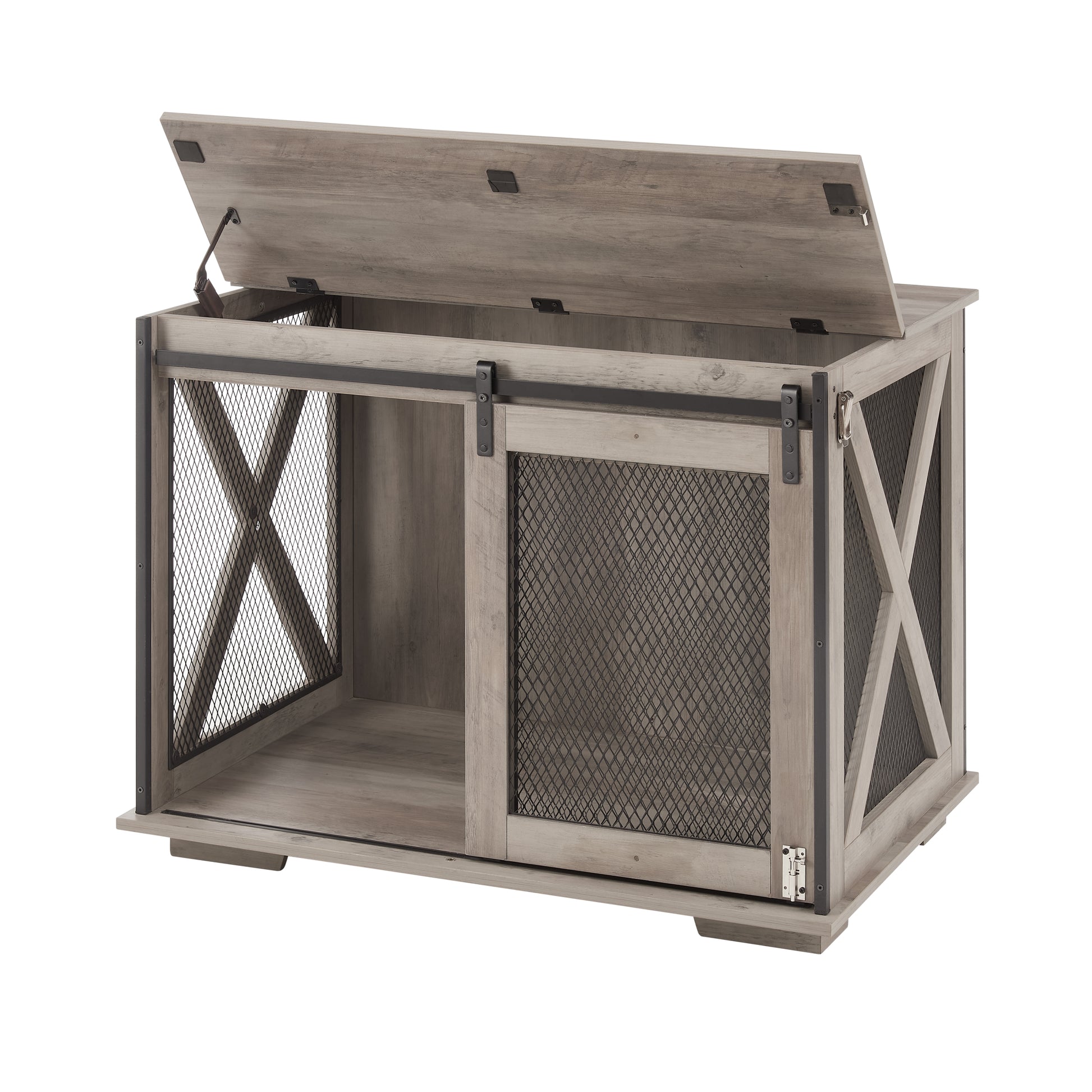 Farmhouse Dog Cage Crate Furniture With Sliding Barn Door, Farmhouse Wooden Dog Kennel End Table With Flip Top Plate Dog House With Detachable Divider For Small Medium Large Dog Gray Gray Wash Mdf