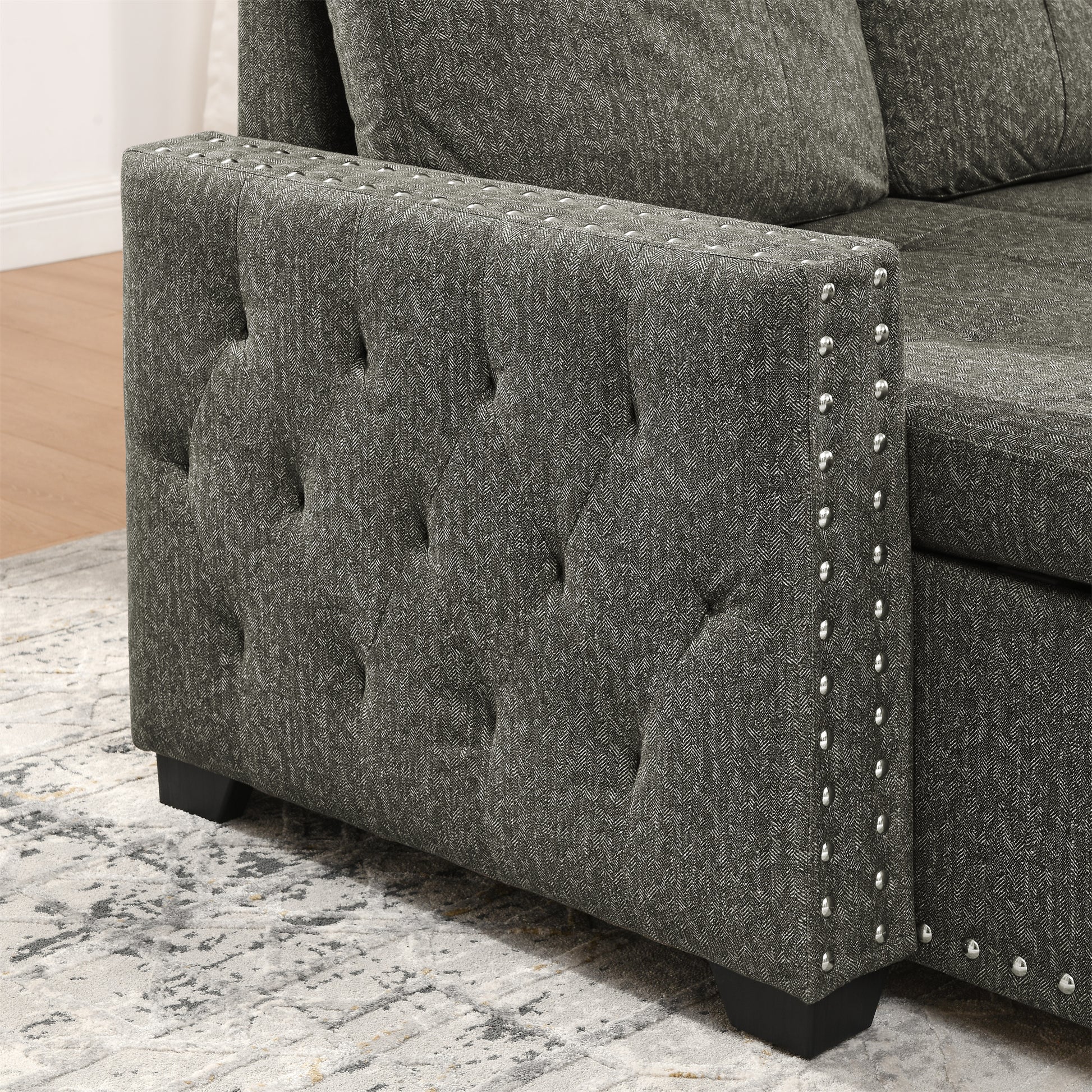 Sectional Sleeper Sofa With Storage Chaise For Living Room, Grey Linen Couch Antique Gray Wood Fabric 3 Seat