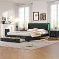 3 Pieces Bedroom Sets,Queen Size Upholstered Bed With Led Lights And Two Motion Activated Night Lights,Pu Nightstand With 2 Drawers And Crystal Handle,Black Queen Black 3 Piece Set Wood