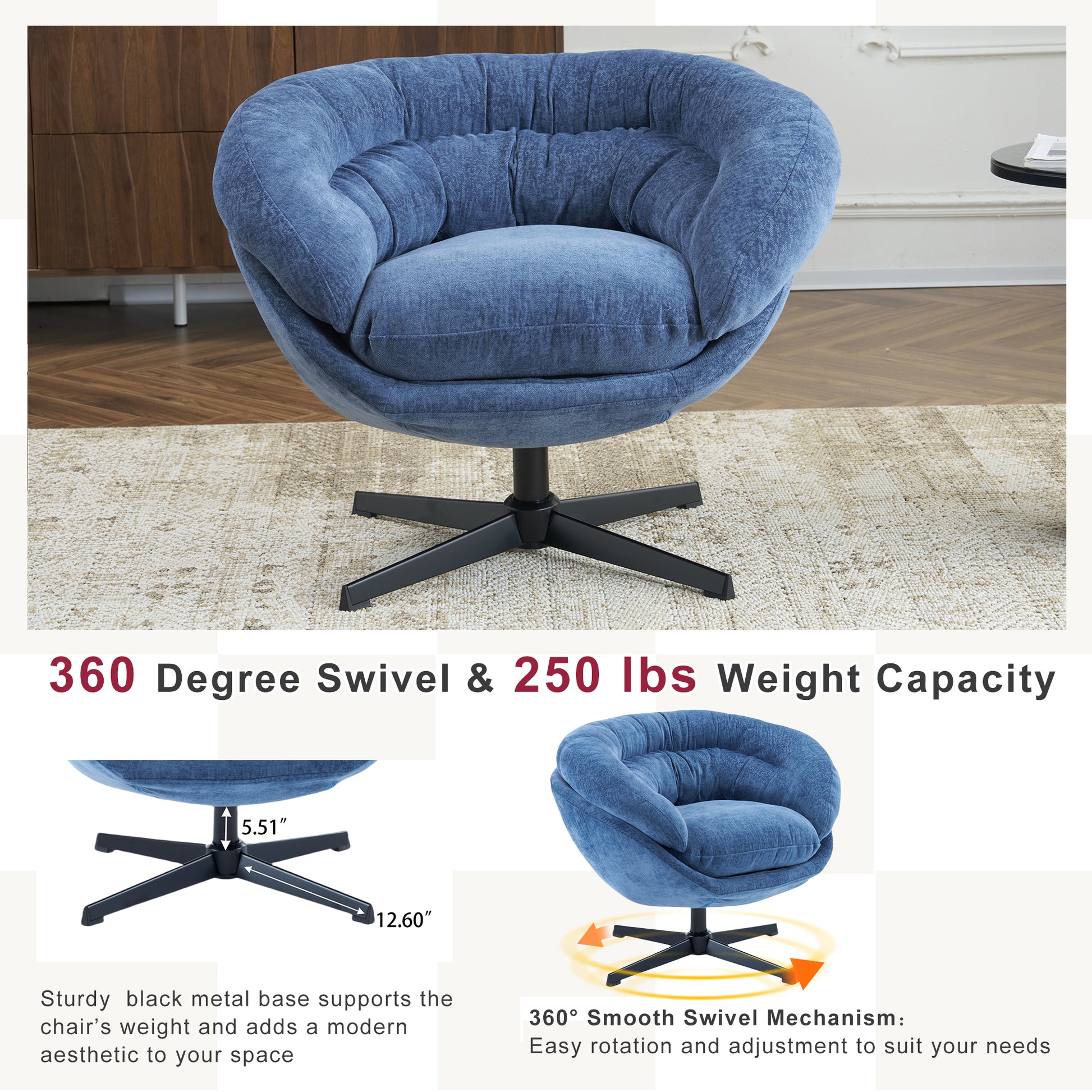 Chenille Upholstered 360 Swivel Club Chair Accent Chair With Removable Cushion, Round Office Chair With Black Metal Base, Cotton Material, Living Room, Bedroom, Reading Corner, Office Navy Blue