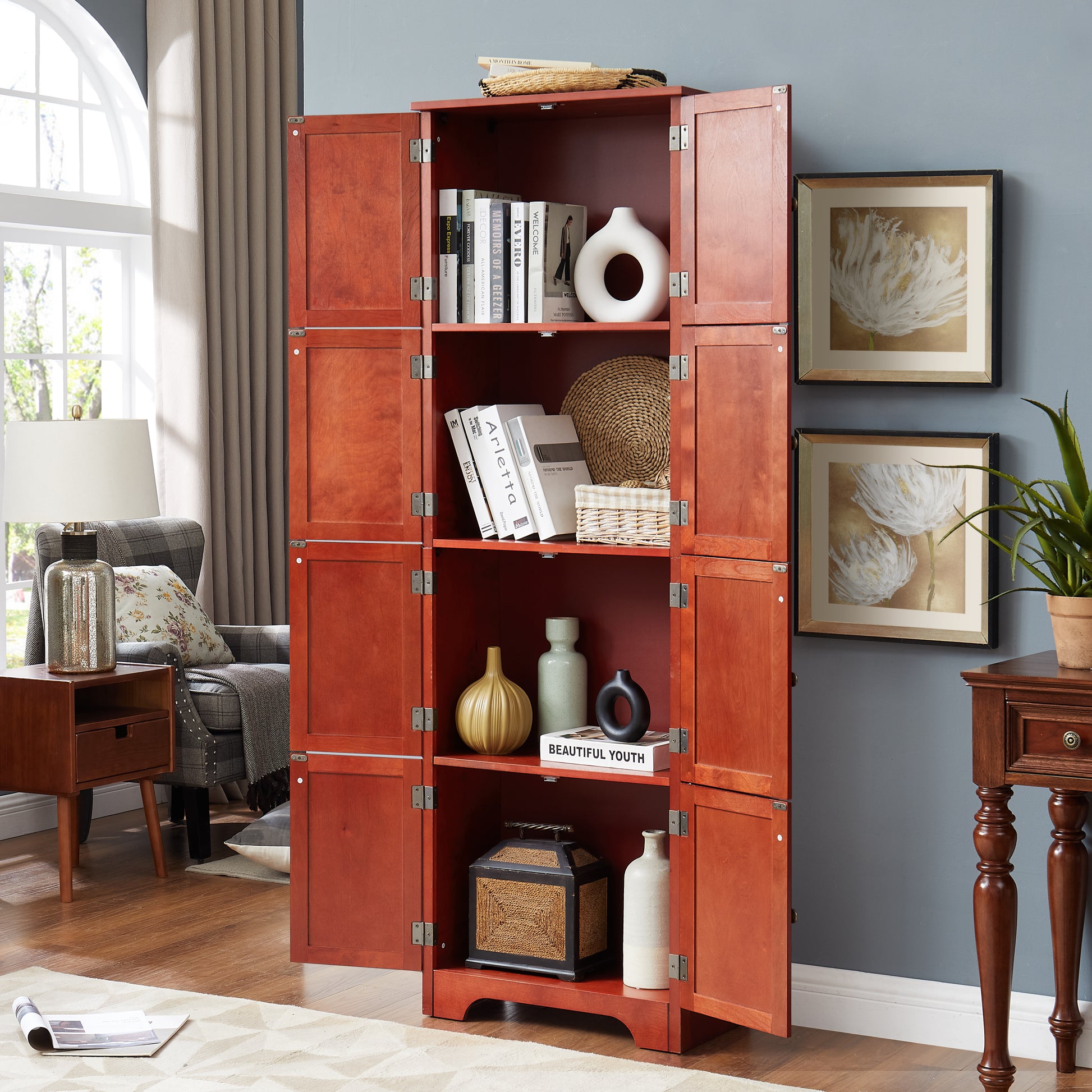 72.4" Tall Storage Cabinet Tall Storage Cabinet With 8 Doors And 4 Shelves ,Bookshelf Living Room, Kitchen, Dining Room, Office Freestanding Storage Cabinet,Cherry Cherry Mdf