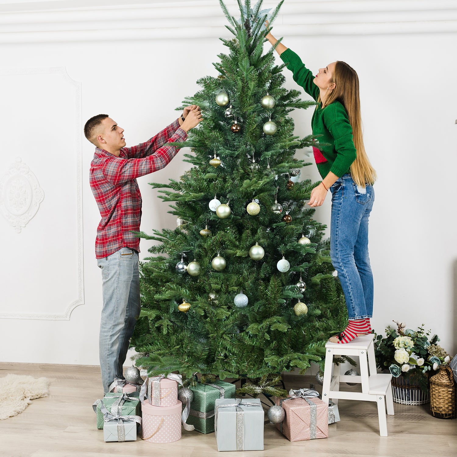 9Ft Christmas Tree Simulate Nature Advanced Materials Premium Hinged Spruce Artificial Douglas Firs Tree, Christmas Holiday Party Atmosphere Decoration Year Celebration Pe Pvc Xmas Tree Green