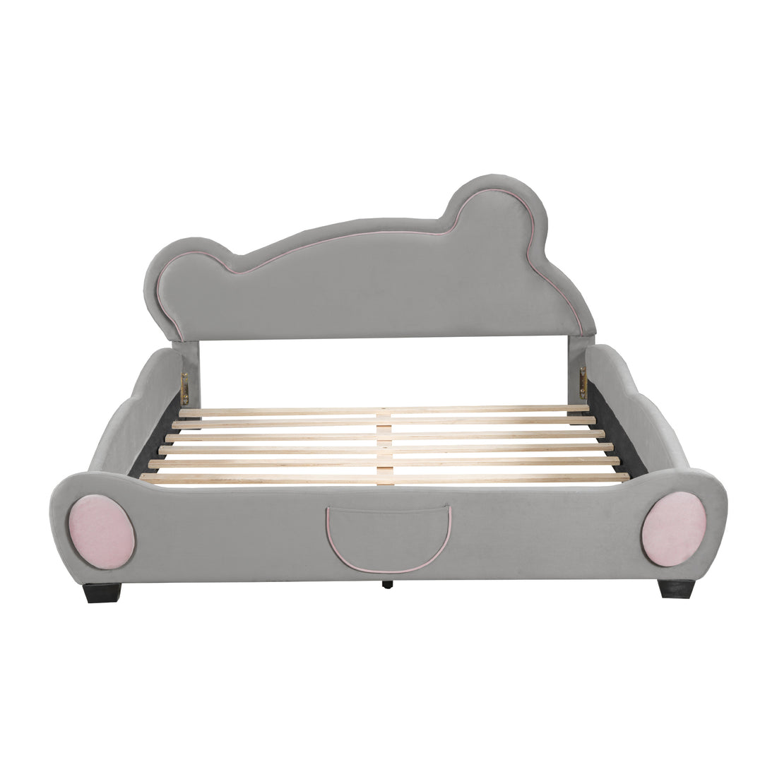 Queen Size Velvet Platform Bed With Bear Shaped Headboard, With Bed End Storage Pocket, Gray Queen Gray Plywood