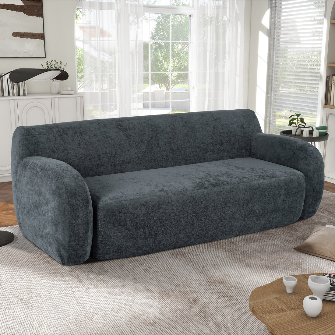 81.5'' Minimalist Curved Upholstered Sofa, 3 Seat Modular Casual Sofa For Living Room, Bedroom, And Apartments Gray Polyester 3 Seat