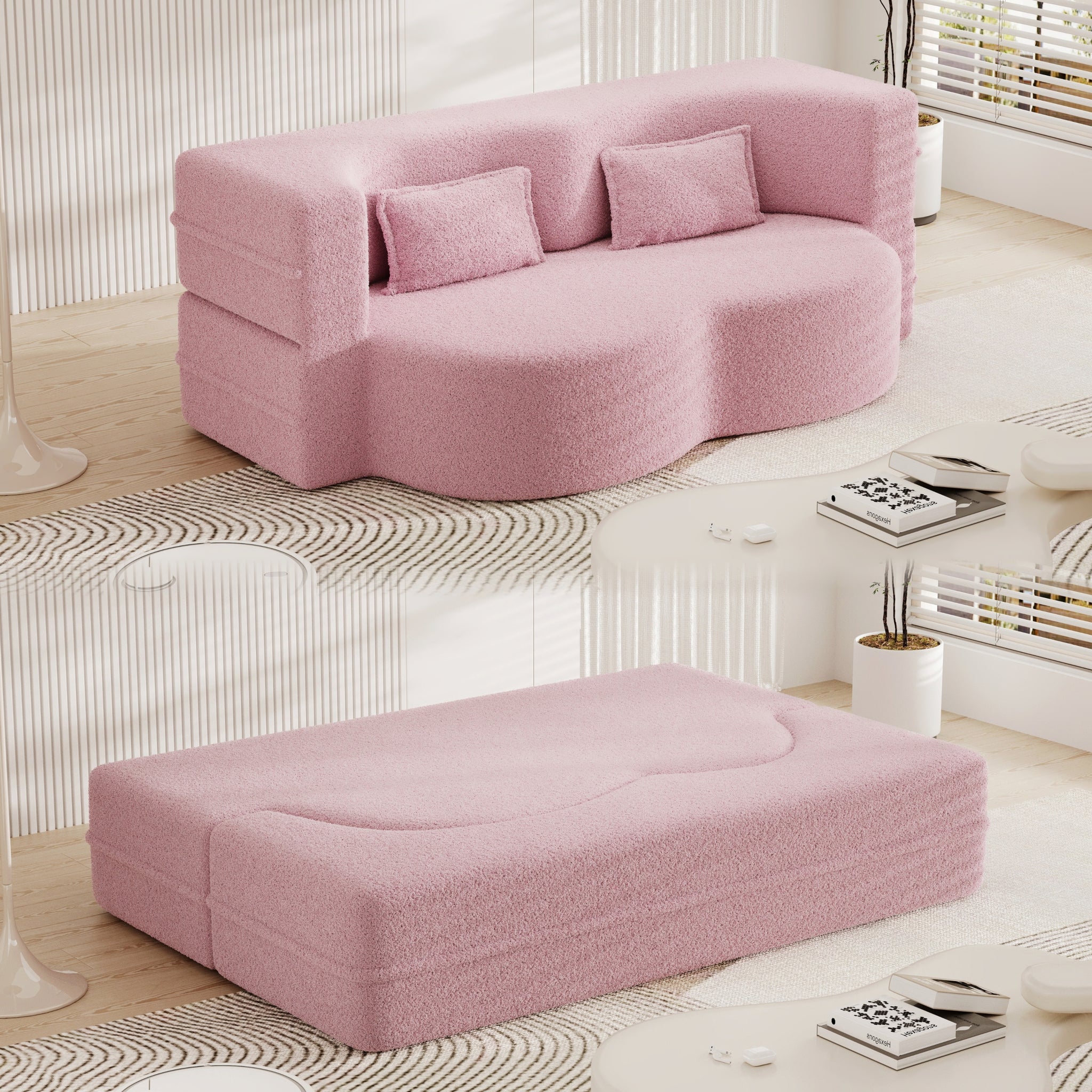 Modern Floor Sofa With 2 Pillows,Convertible Teddy Fabric Foam Filled Sleeper Sofa Bed,15" Full Size Folding Mattress For Living Room, Guest Bed, Playroom,No Assembly Required,Pink Pink Foam Spring 2 Seat