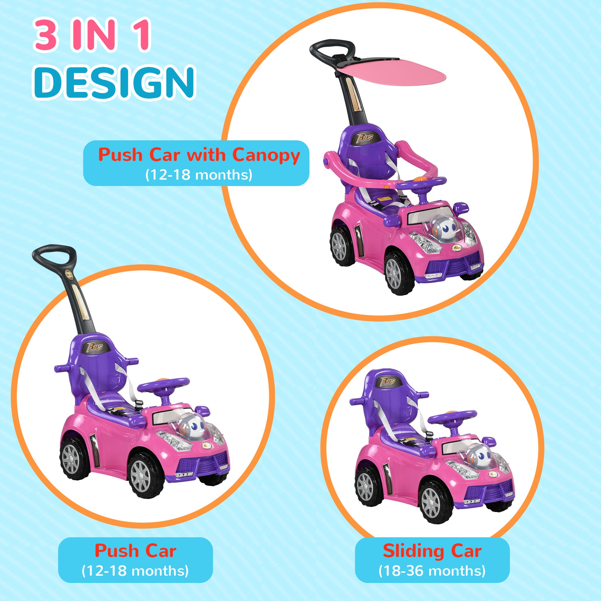 Qaba Push Car For Kids 1 3 Years, 3 In 1 Ride On Sliding Car, Foot To