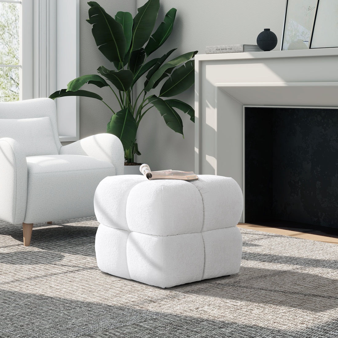 Pixel 21" Oversized Square Tufted Pouf Ottoman, Almond White Chenille White Foam Chenille