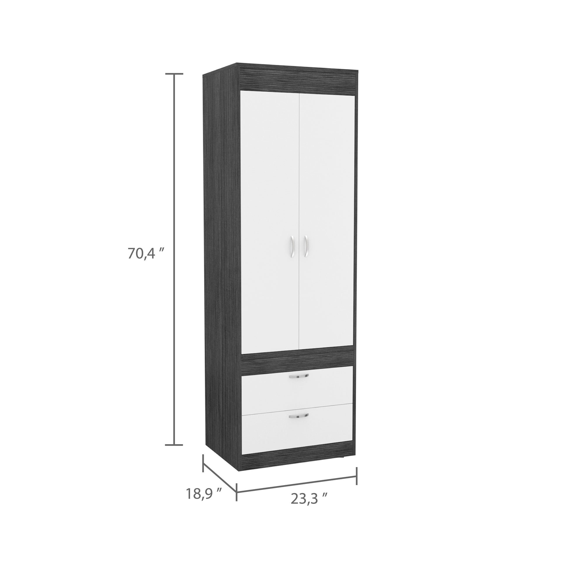 Armoire 70H", Double Door Cabinet, Two Drawers, Metal Handles, Rod, Smokey Oak White Smoke Grey Gray Bedroom Pine Particle Board Engineered Wood