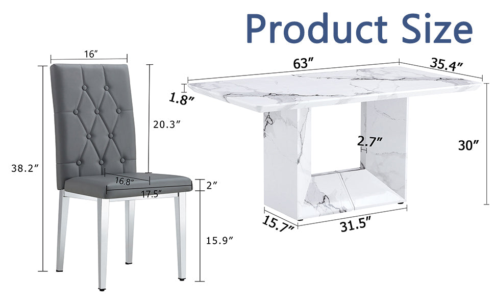 Table And Chair Set.63"X35.4" White Marble Patterned Mdf Dining Table Set With 4 Armless Dark Gray Pu Chairs.Showcasing A Modern And Stylish Look. Dark Gray,White Seats 4 Mdf Metal