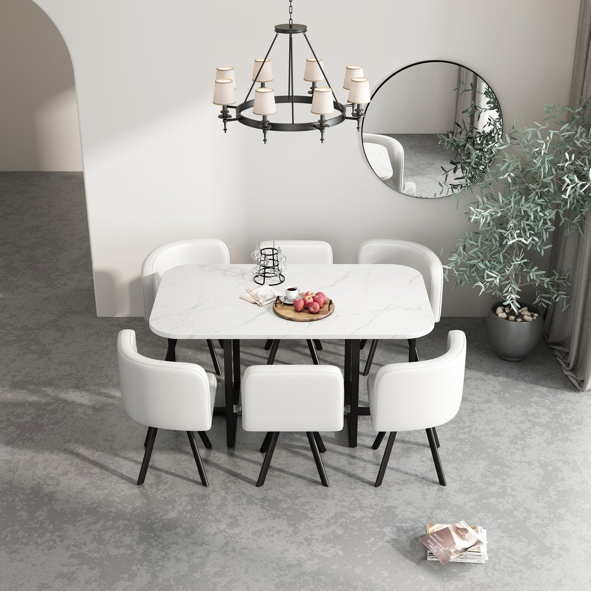Modern 7 Pieces Dining Table Set, Rectangle Dining Table With 6 Chairs For Dining Room, Kitchen White Pu Leather