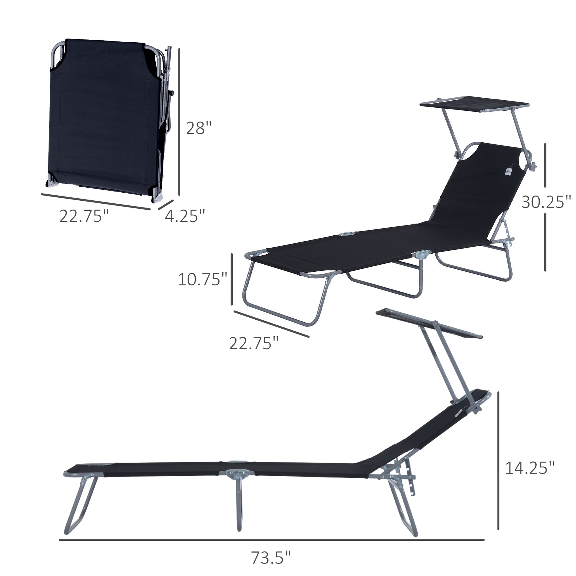 Outsunny Outdoor Lounge Chair, Adjustable Folding Chaise Lounge, Tanning Chair With Sun Shade For Beach, Camping, Hiking, Backyard, Black Black Steel