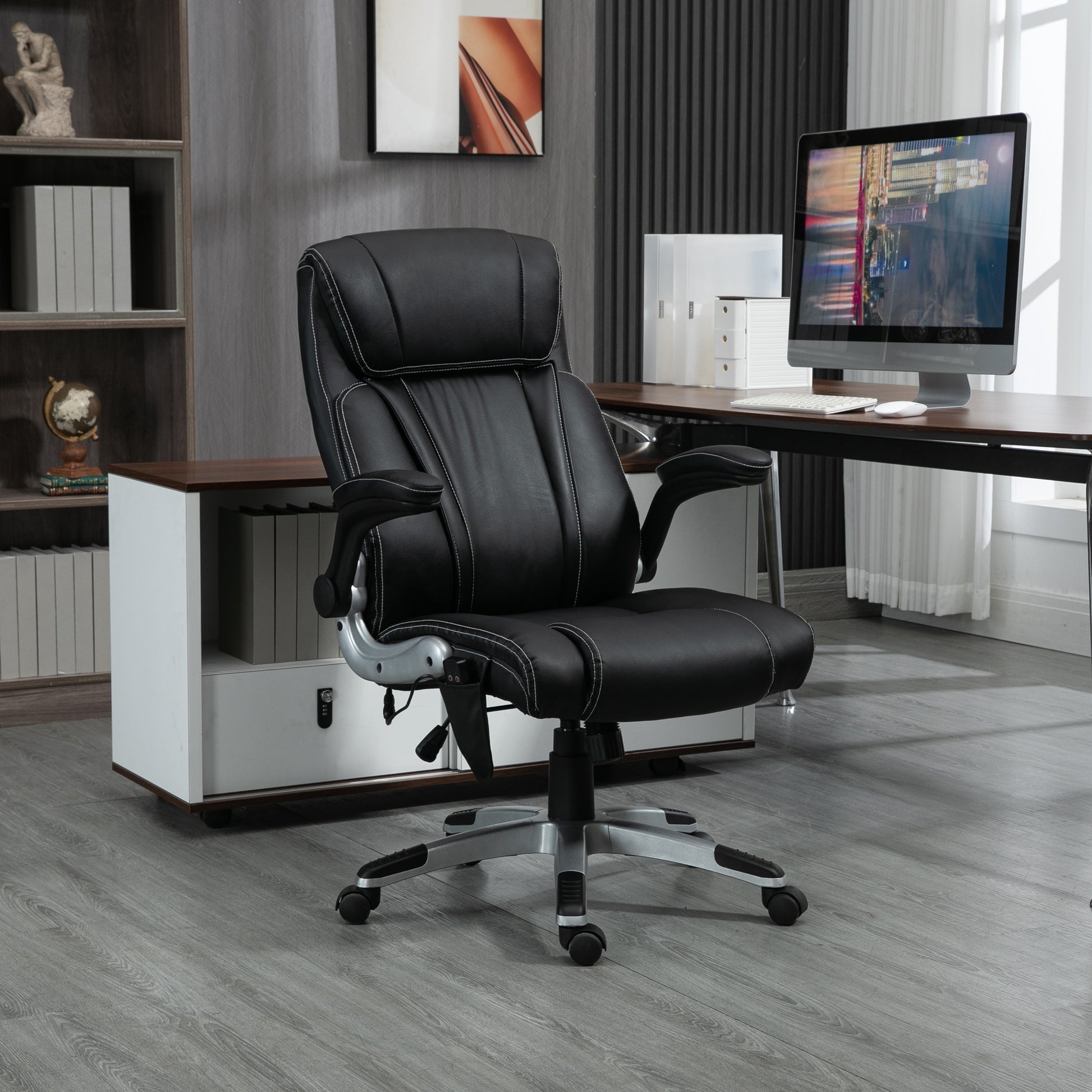 Vinsetto Executive Massage Office Chair With 6 Vibration Points, Heated Faux Leather Computer Desk Chair With Flip Up Armrest, Adjustable Height, Swivel Wheels, Black Black Leather